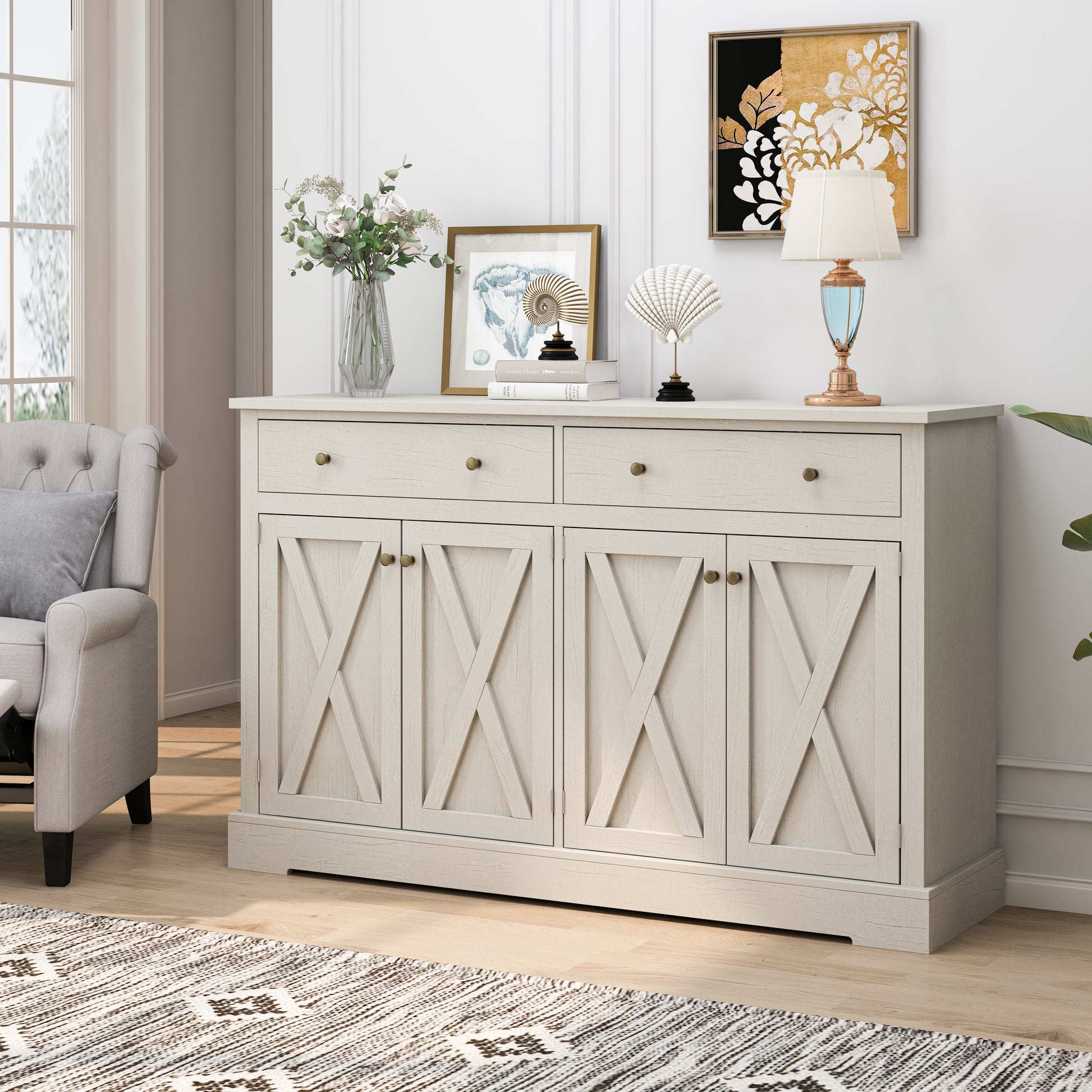 Vintage White Sideboard With Two Drawers And Four Doors For Living Room, Bedroom, And Kitchen, Room Storage Cabinet, Vintage White White Mdf