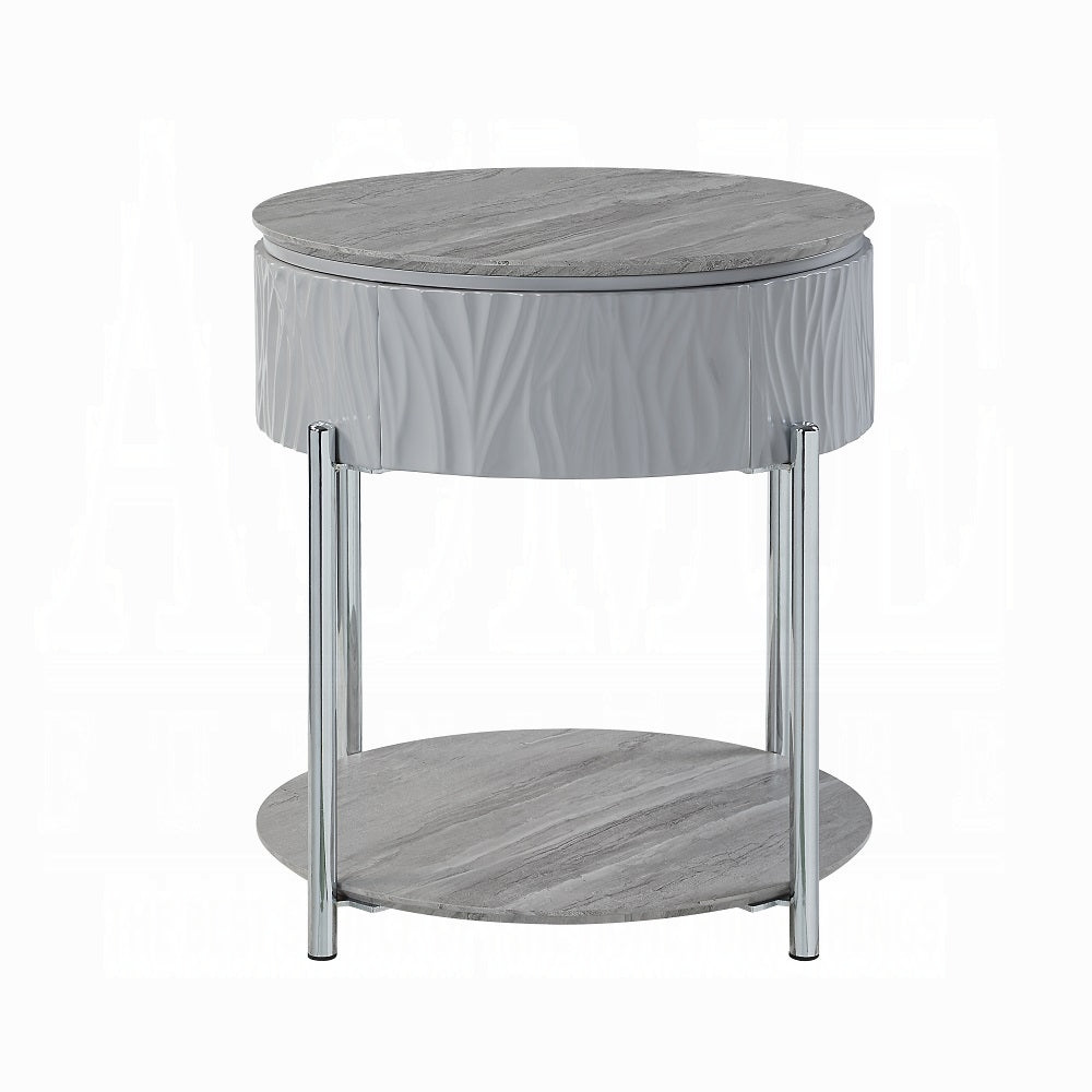 Grey High Gloss And Chrome End Table With Drawer Grey Silver Primary Living Space Shelves Round Wood Metal