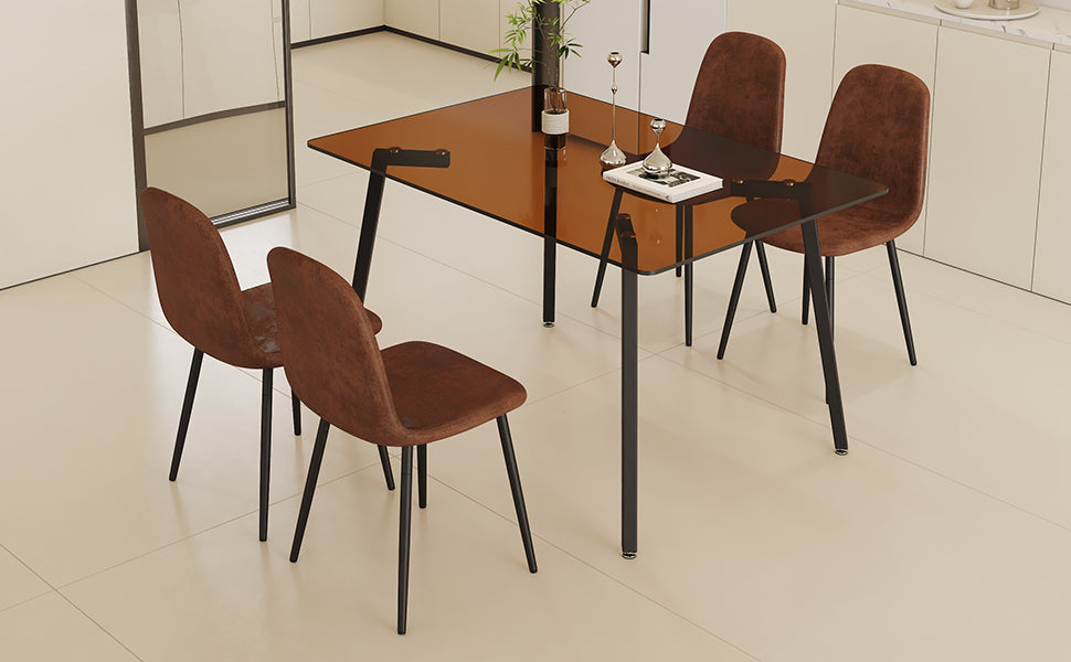 Table And Chair Set.Large Modern Rectangular Table With Brown Glass Top And Silver Metal Legs. Paired With 4 Brown Chairs With Soft Linen Fabric Cushions And Black Metal Legs. Brown,Silver Seats 4 Glass Metal