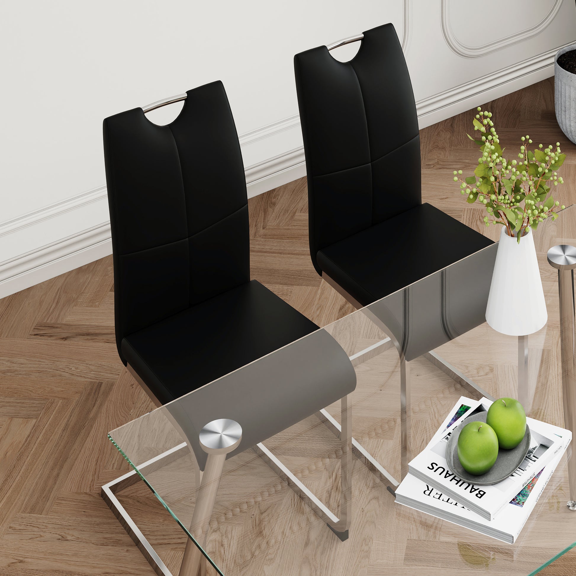 Modern Simple Rectangular Glass Dining Table, Solid Tempered Glass Tabletop, Electroplated Table Legs, Black Pu Dining Chair Set, Suitable For Restaurant Kitchen Use Set Of 5 Upholstered Chair Glass Black Seats 4 Metal Rectangular Dining Table With Chair