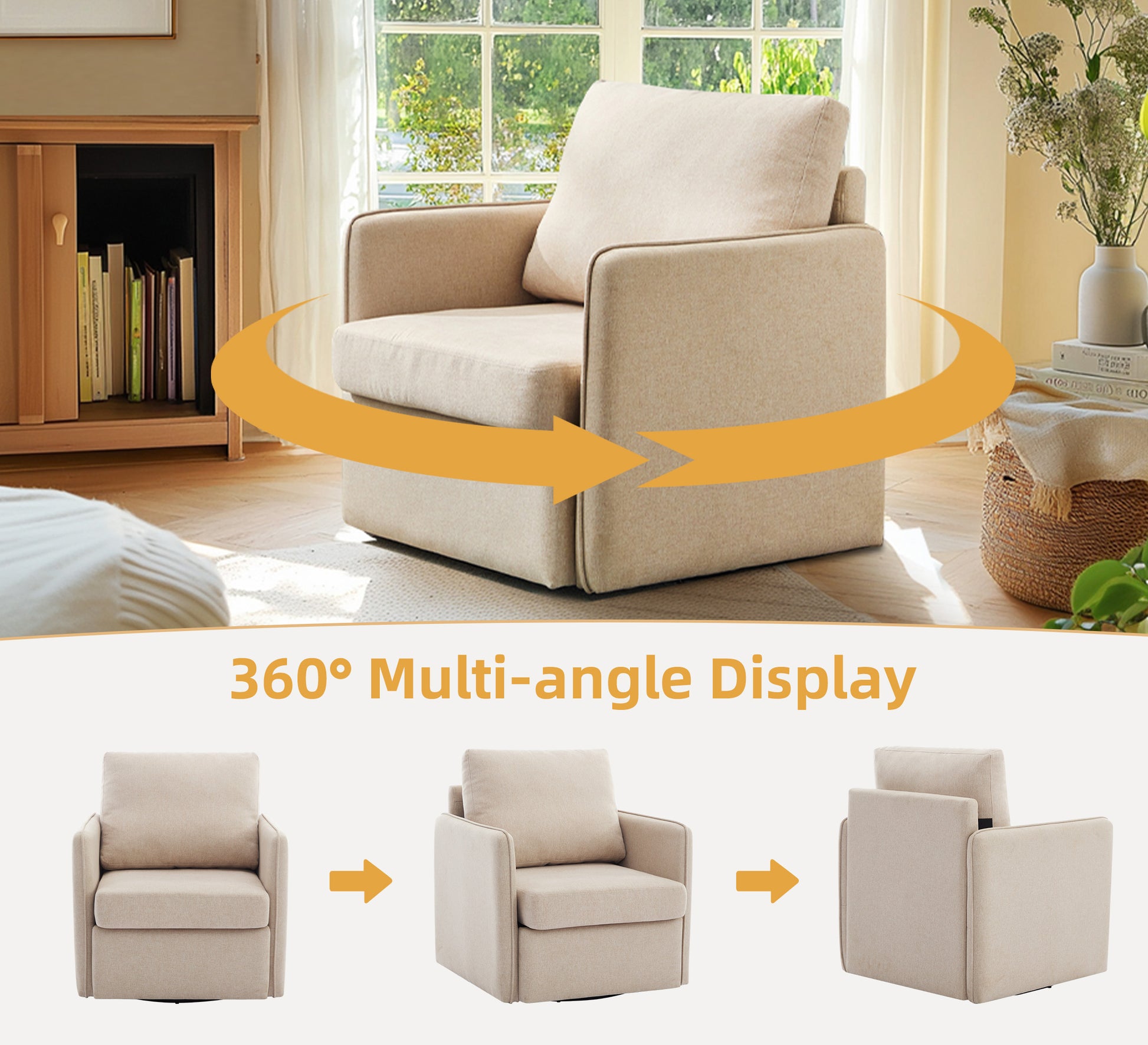 Swivel Accent Chair, Comfy Single Sofa Chair With Storage, Modern Arm Chair For Living Room, Fabric Swivel Armchair With Metal Base Beige Beige Brown Linen