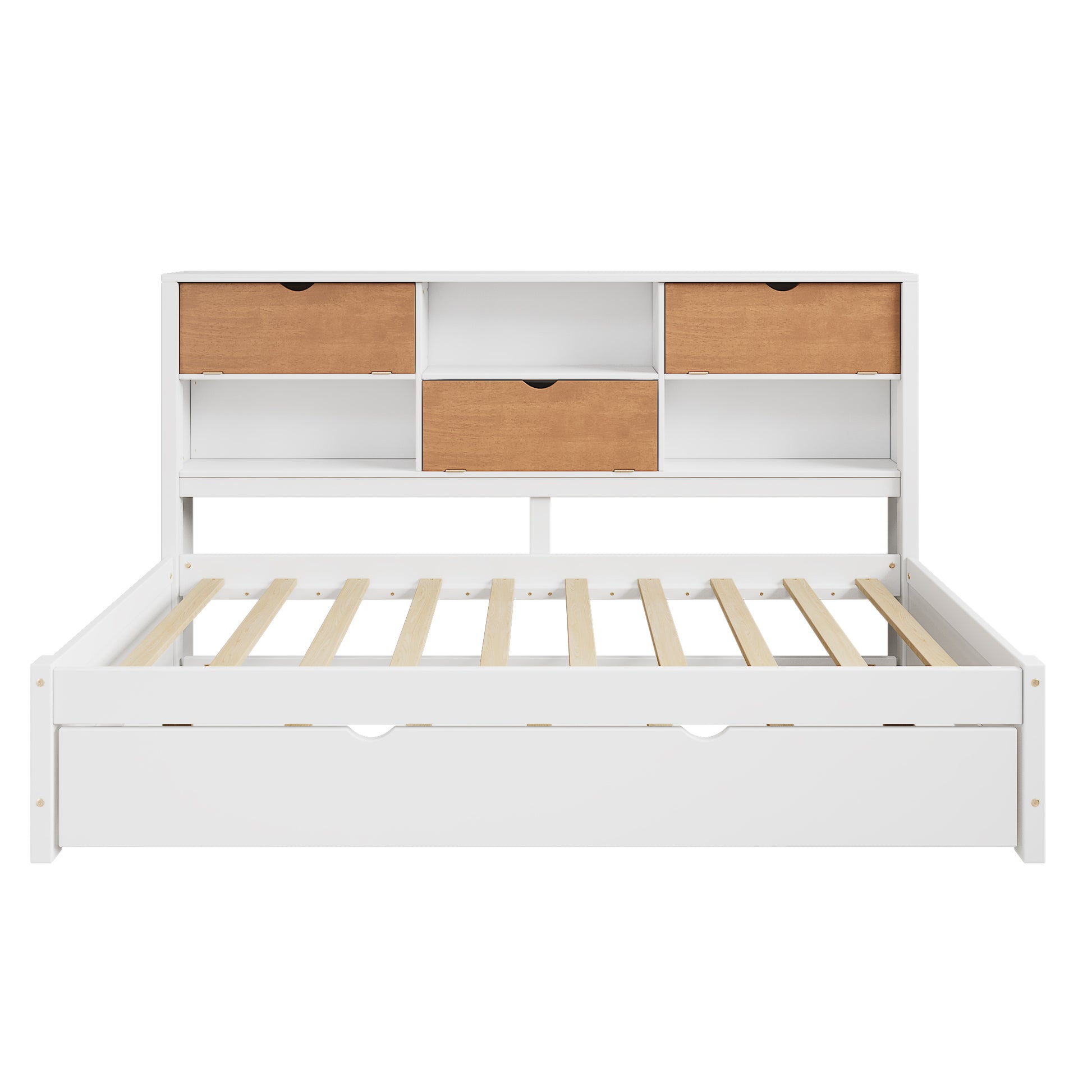 Twin Size Wooden Captain Bed Daybed With Trundle And Bookcase For Small Room,Bedroom, Guest Room, No Box Spring Needed, Walnut And White Box Spring Not Required Twin White Walnut Wood Bedroom Modern Pine Bed Frame Wood