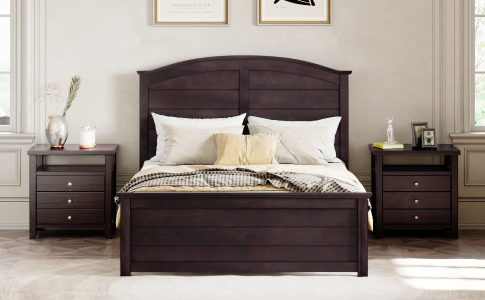 Farmhouse Wooden Platform Queen Size Bed With Curl Design Headboard And Footboard For Teenager, Espresso Queen Espresso Pine