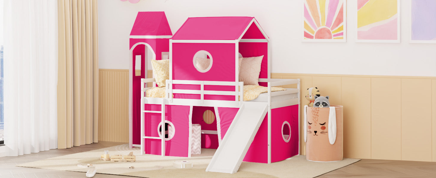 Twin Size Loft Bed With Slide Pink Tent And Tower Pink Old Sku:Wf298769Aah Twin Pink Solid Wood