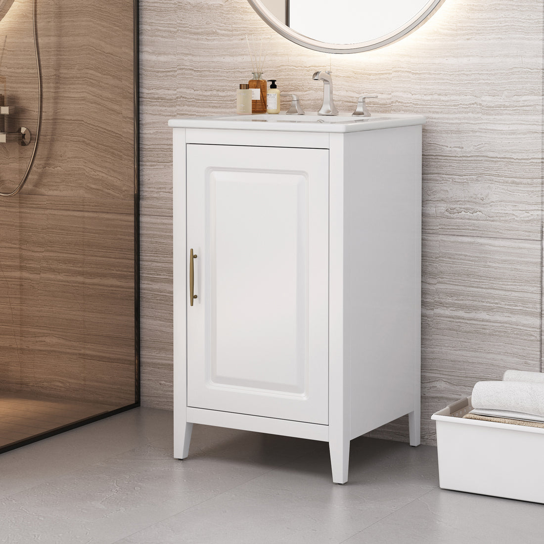 20.3" Bathroom Vanity With Sink, Functional Drawer, Door Shelf, Soft Closing Door, White White Acacia Wood,Ceramic Mdf