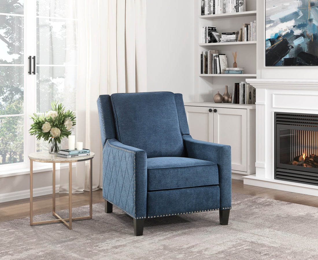 Modern Home Furniture Reclining Chair 1Pc Blue Textured Fabric Upholstered Trim Solid Wood Frame Self Reclining Motion Chair Blue Polyester Wood Modern Solid Wood