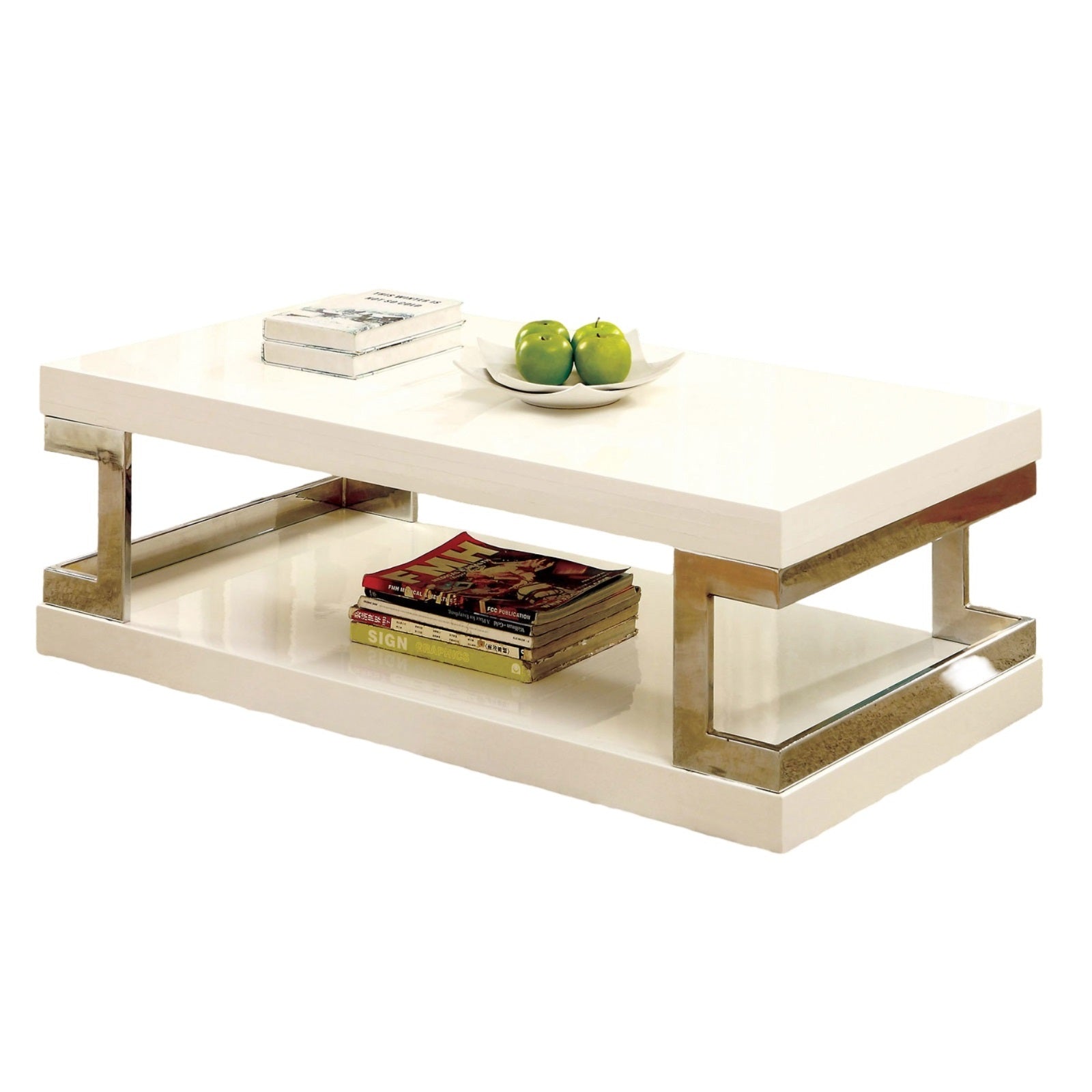 Contemporary Style White 1Pc Coffee Table Bottom Shelf High Gloss Lacquer Coating Chrome Frame Accents Living Room Furniture White Primary Living Space Antique,Classic,Contemporary,Modern,Transitional Open Storage Rectangular Coffee & End Tables Metal