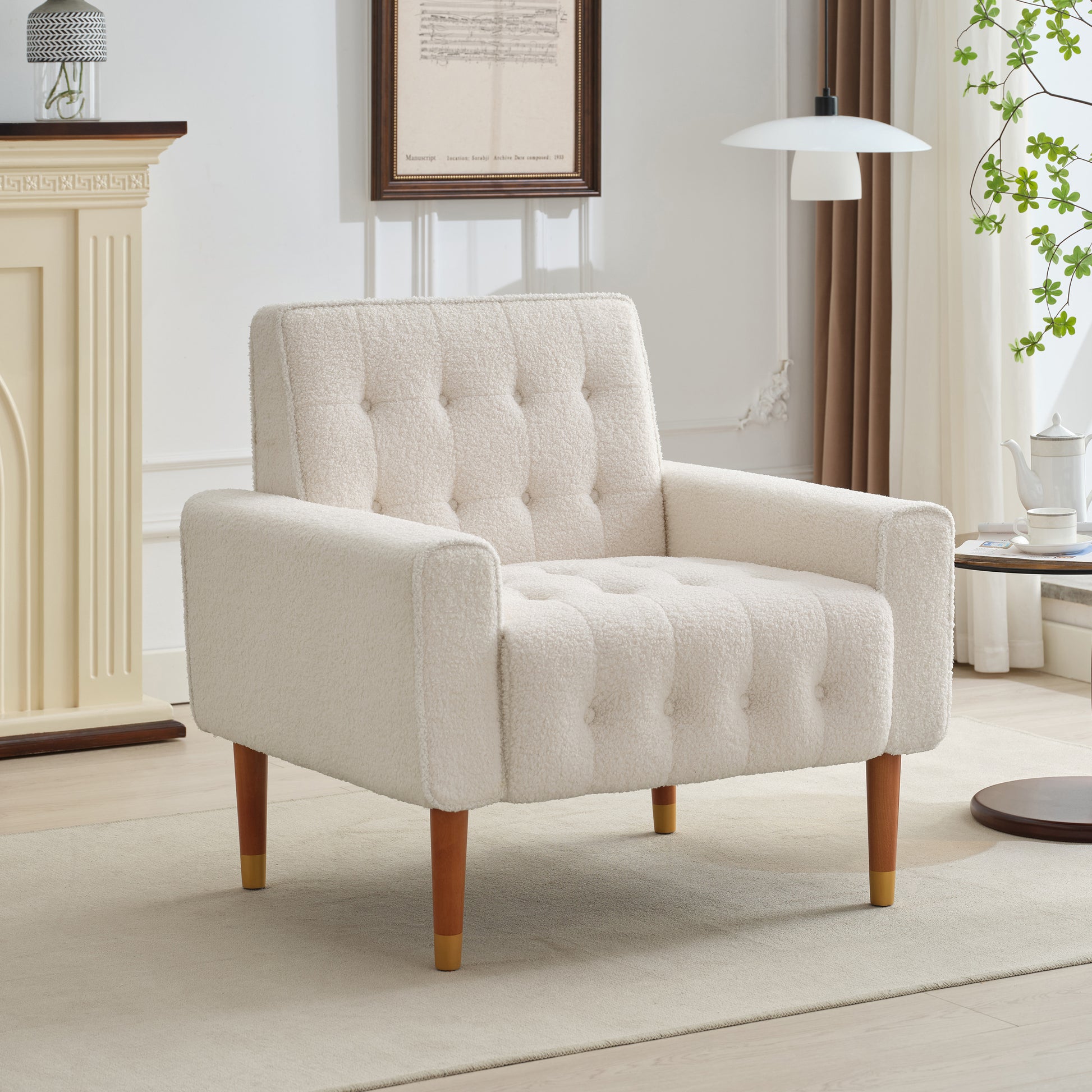 Mirod Classic Biscuit Style Accent Chair Comfortable Armrests, Soft Fabric, Elegant Solid Wood Legs With Gold Finish, Easy Assembly Beige Boucle