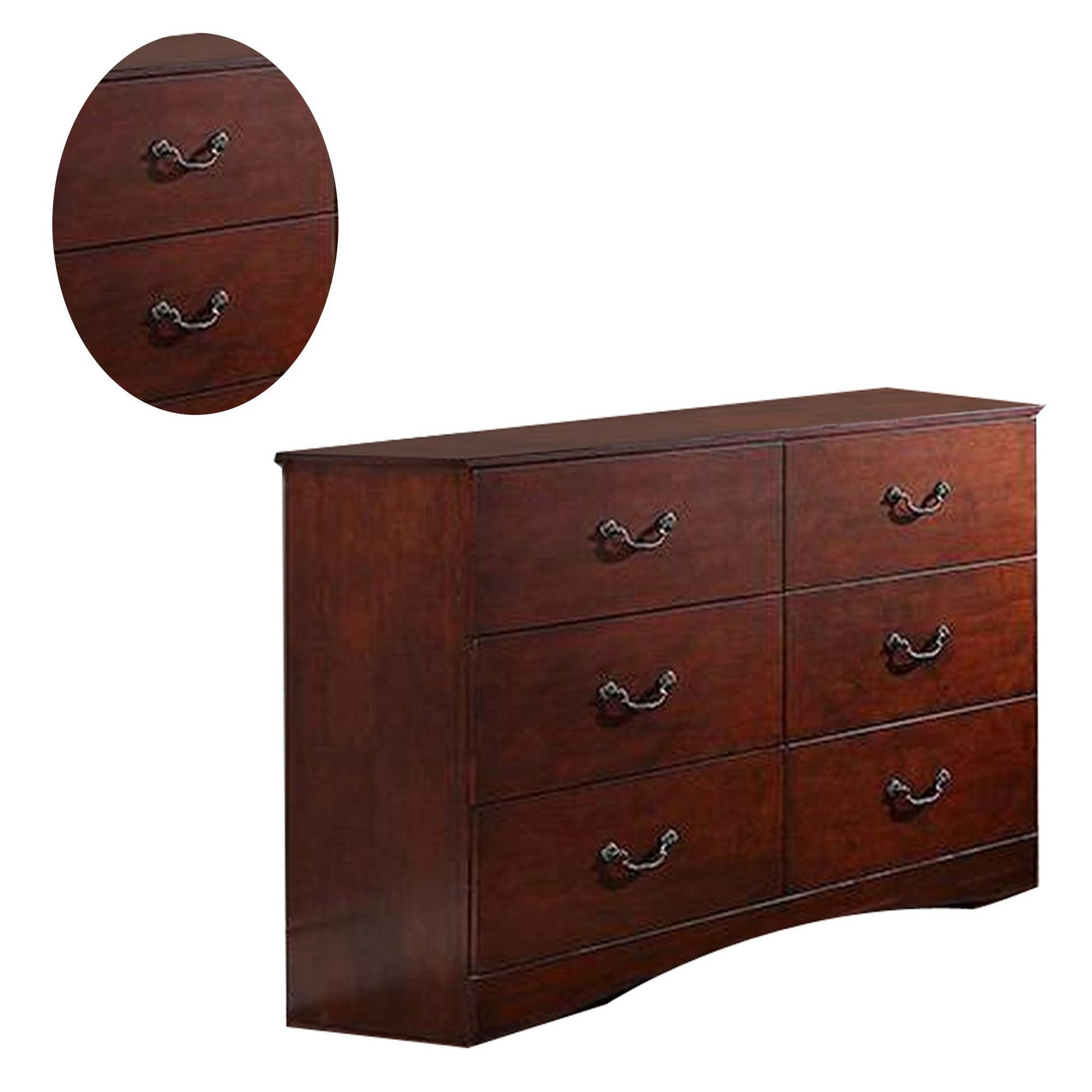 Bran 54 Inch 6 Drawer Dresser, Pine Wood, Grain Details, Cherry Brown Brown Wood