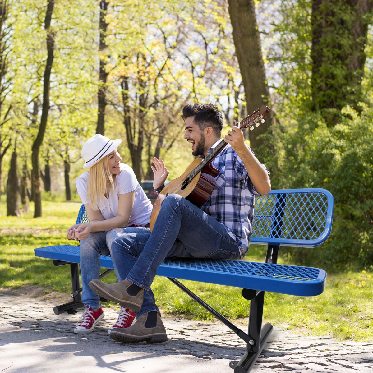 6 Ft. Outdoor Steel Bench With Backrest In Blue Blue Carbon Steel