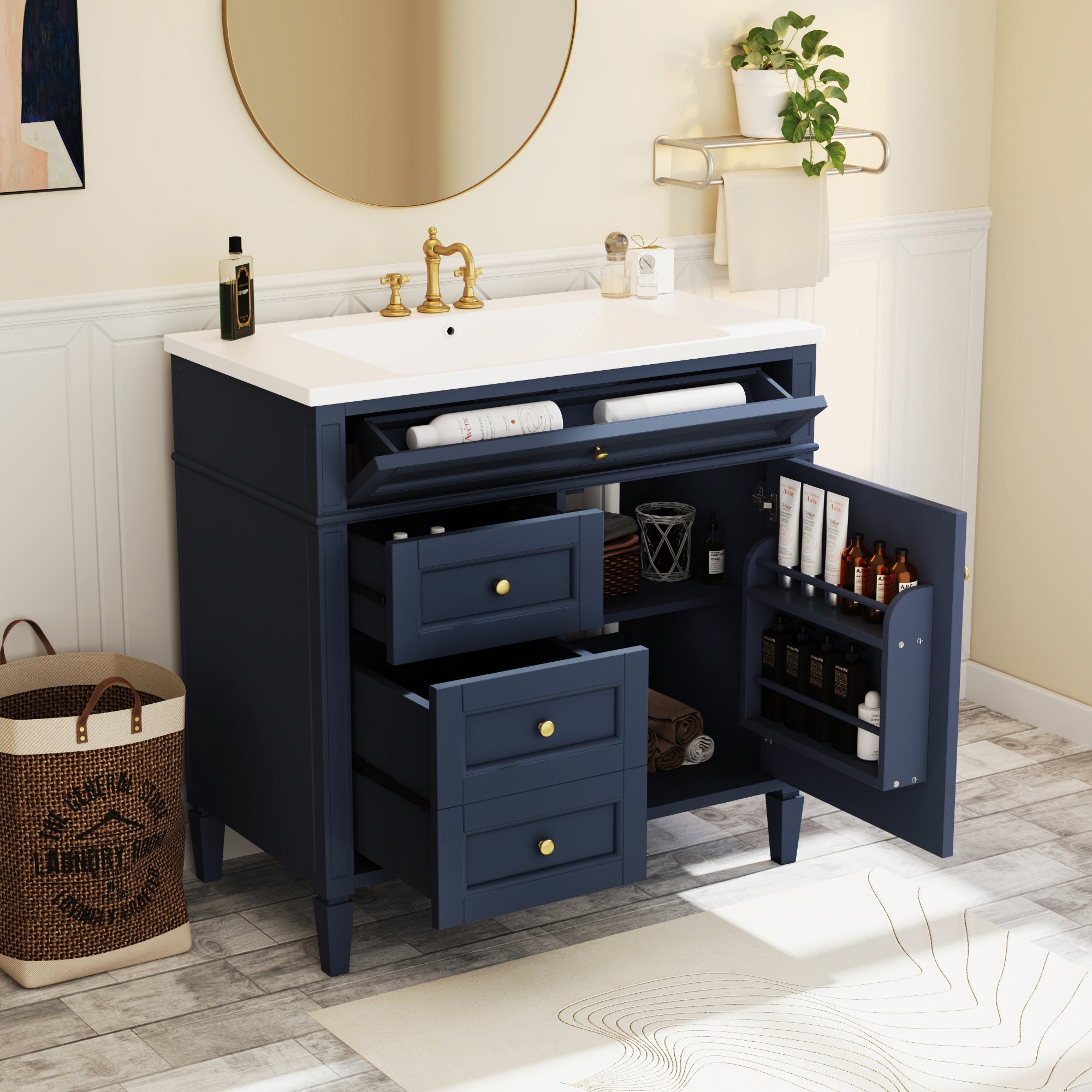 36'' Bathroom Vanity With Top Sink, Modern Bathroom Storage Cabinet With 2 Drawers And A Tip Out Drawer, Single Sink Bathroom Vanity 3 Blue 1 1 Adjustable Hinges Bathroom Freestanding Solid Wood Mdf Painted