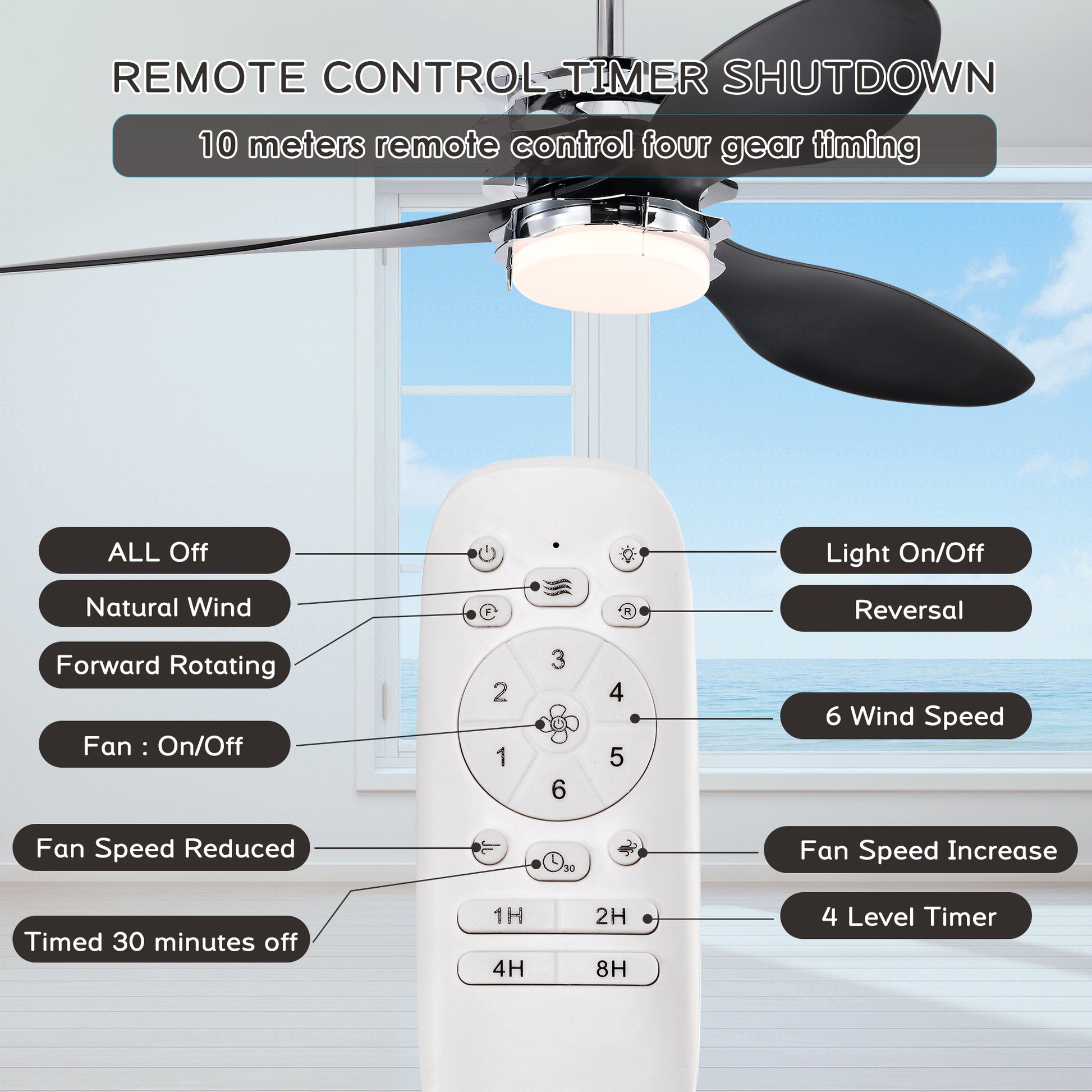 52'' Abs Blades Ceiling Fan With Lights And Remote 6 Speeds Adjustable Dc Motor Modern Ceiling Fan With 3 Abs Fan Blades & 2 Down Rods, Indoor Ceiling Fan With Light For Home Use Chrome American Design Abs Metal