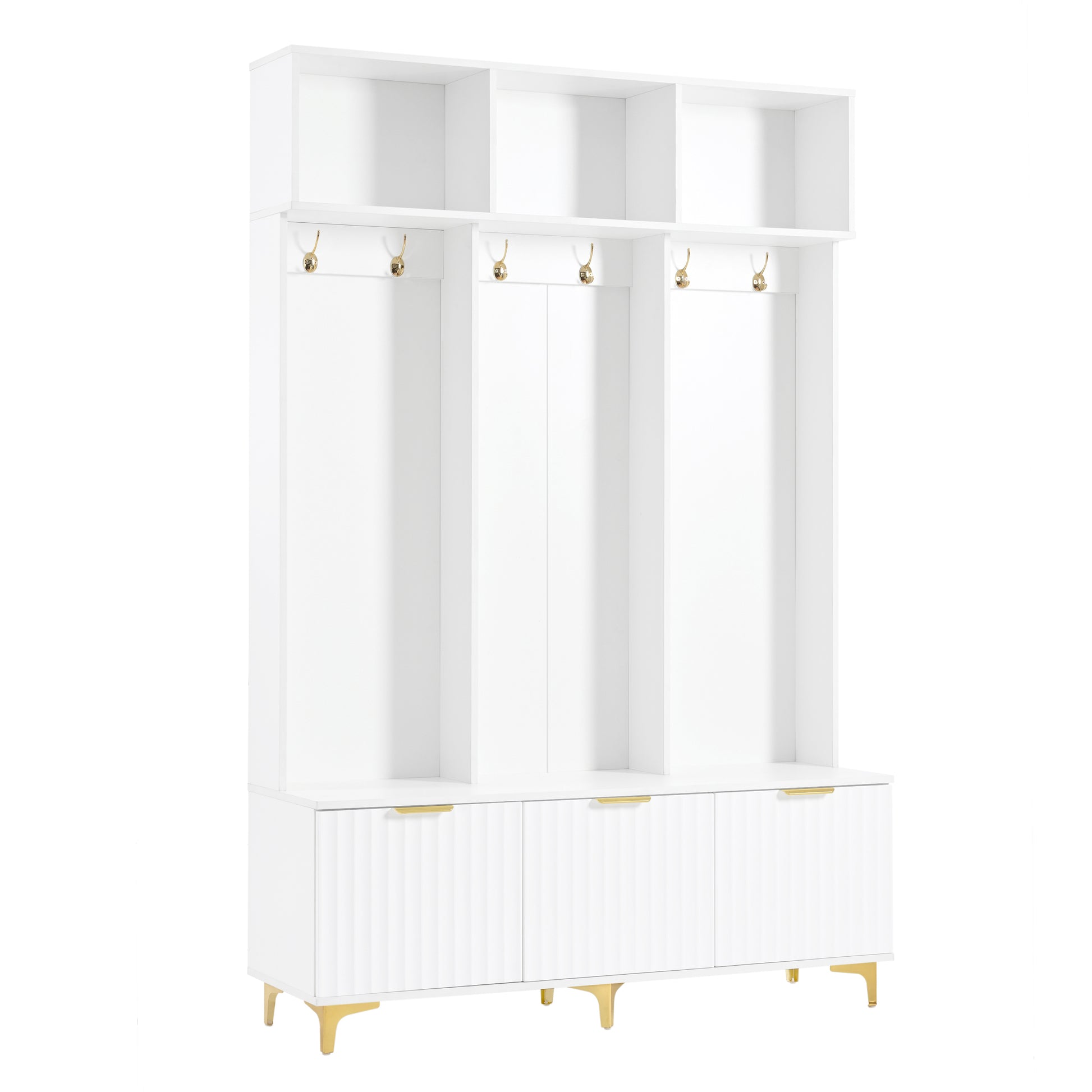 Modern Large Storage Hall Tree With Bench, Multi Functional Storage Bench With High Gloss Fluted Doors, Luxurious Coat Rack With 6 Gold Hooks And Legs For Entryway, Living Room, White White Gold Particle Board