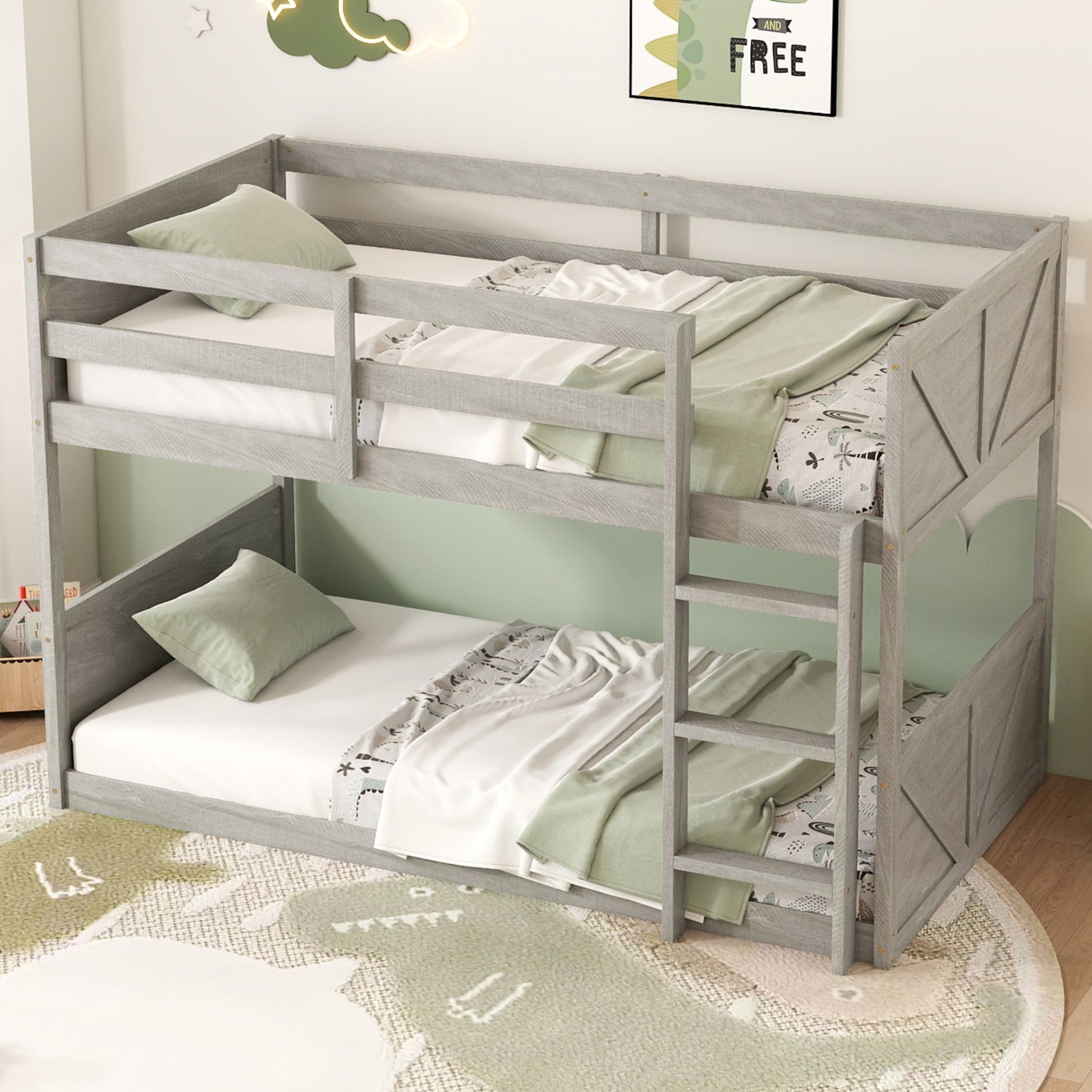 Twin Over Twin Floor Bunk Bed With Panelled Headboard And Footboard, Solid Rubber Wood Foundation With Safety Guardrails, Built In Ladder,Antique White Twin Antique White Rubber Wood