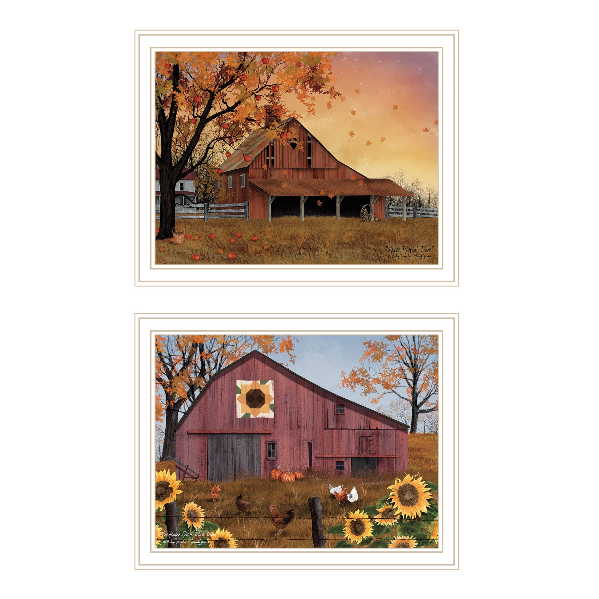 2 Piece Vignette Apple Picking Time, Sunflower Quilt Barn White Framed Wall Art For Living Room, Bedroom Wall Art Print For Home Decor By Billy Jacobs Multi Wood Paper