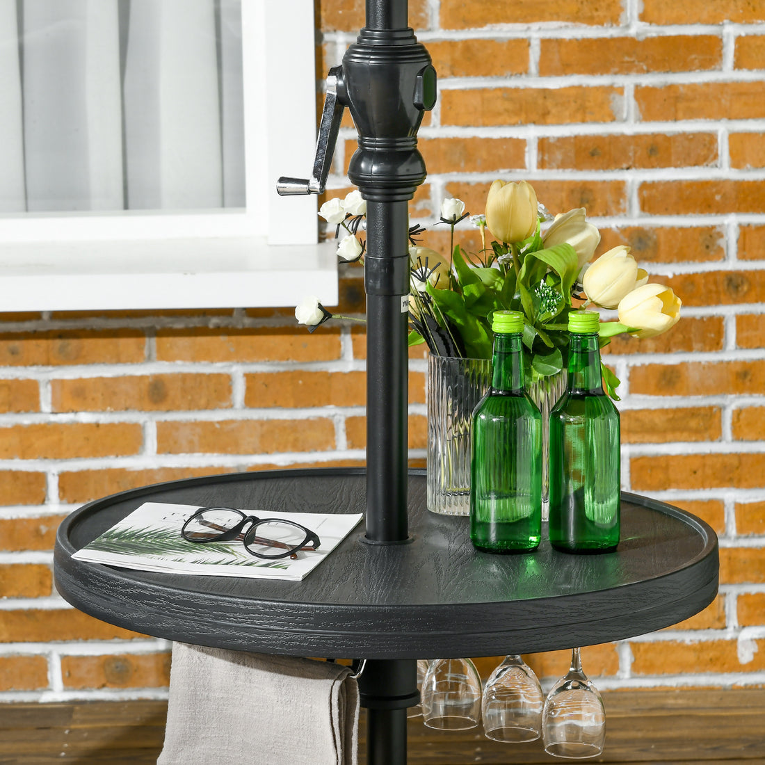 Outsunny 23.5" Beach Umbrella Table Tray With Wine Glass Holder, Foldable Towel Rack, Instant Portable Beach Tables For Sand, Swimming Pools, Patio, Garden, Deck, Black Black Hdpe