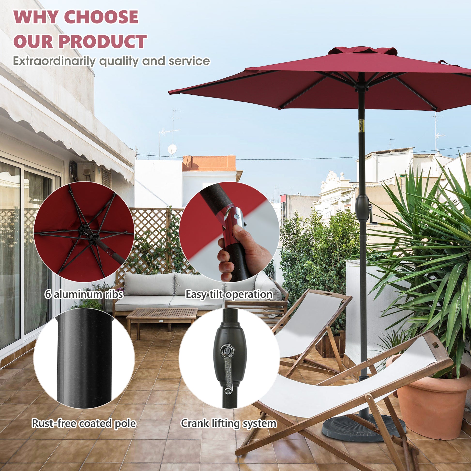 7.5Ft * 7.5Ft Patio Umbrella With Crank And Push Button Tilt, Outdoor Table Market Umbrella With Aluminum Pole Red Red Polyester