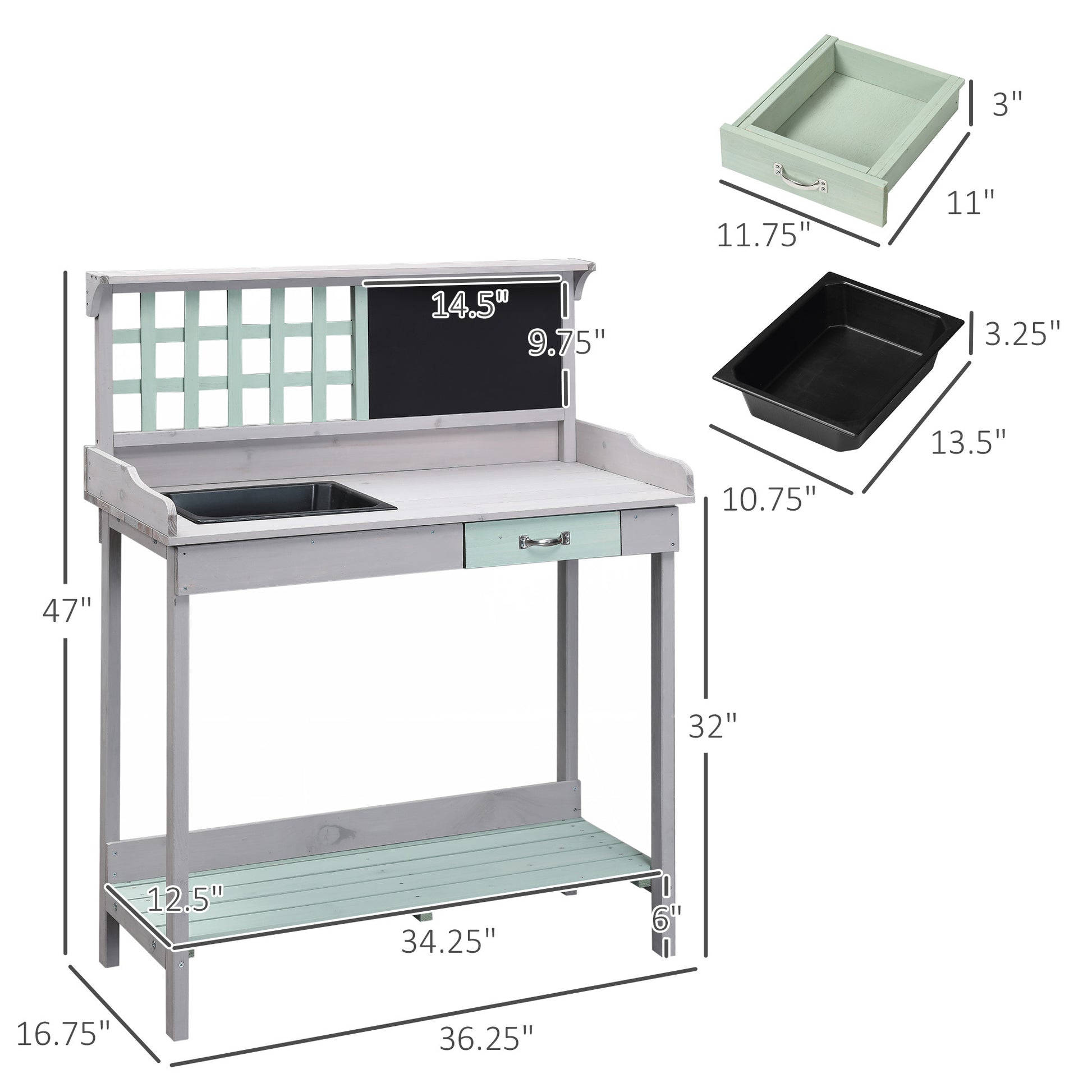 Outsunny Outdoor Wooden Potting Bench Table With Removable Sink, Garden Work Bench With Chalkboard, Drawer, Open Shelf Storage, Light Gray Gray Wood