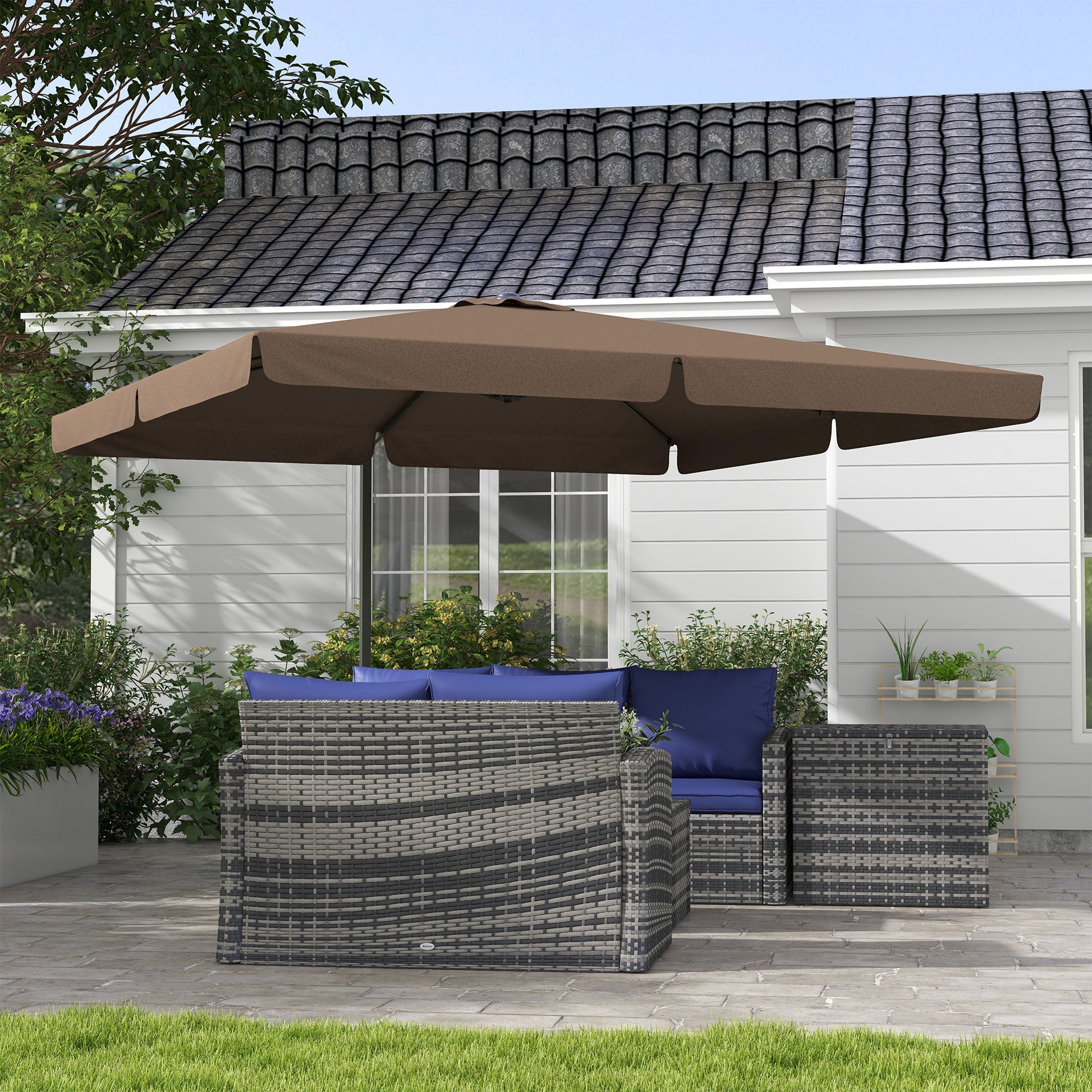 Outsunny 10' Cantilever Patio Umbrella, Square Offset Umbrella With Tilt, Crank, Cross Base, Aluminum Pole And Air Vent, Hanging Umbrella For Garden, Pool, Backyard, Tan Brown Aluminum