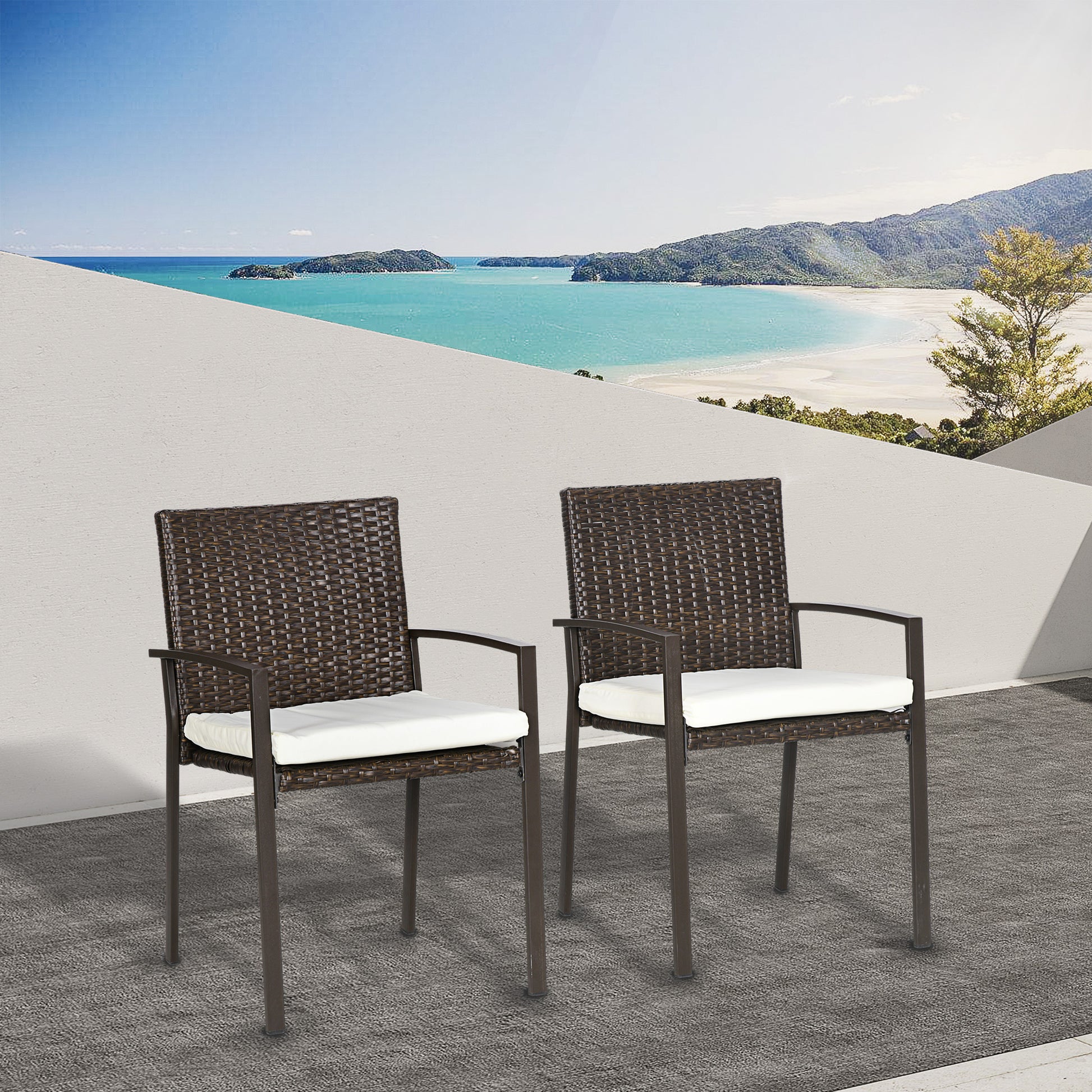 Outsunny 2 Piece Pe Rattan Outdoor Dining Chairs With Cushion, Patio Wicker Dining Chair Set With Backrest, Armrests For Patio, Deck, Garden, Cream White White Black Steel