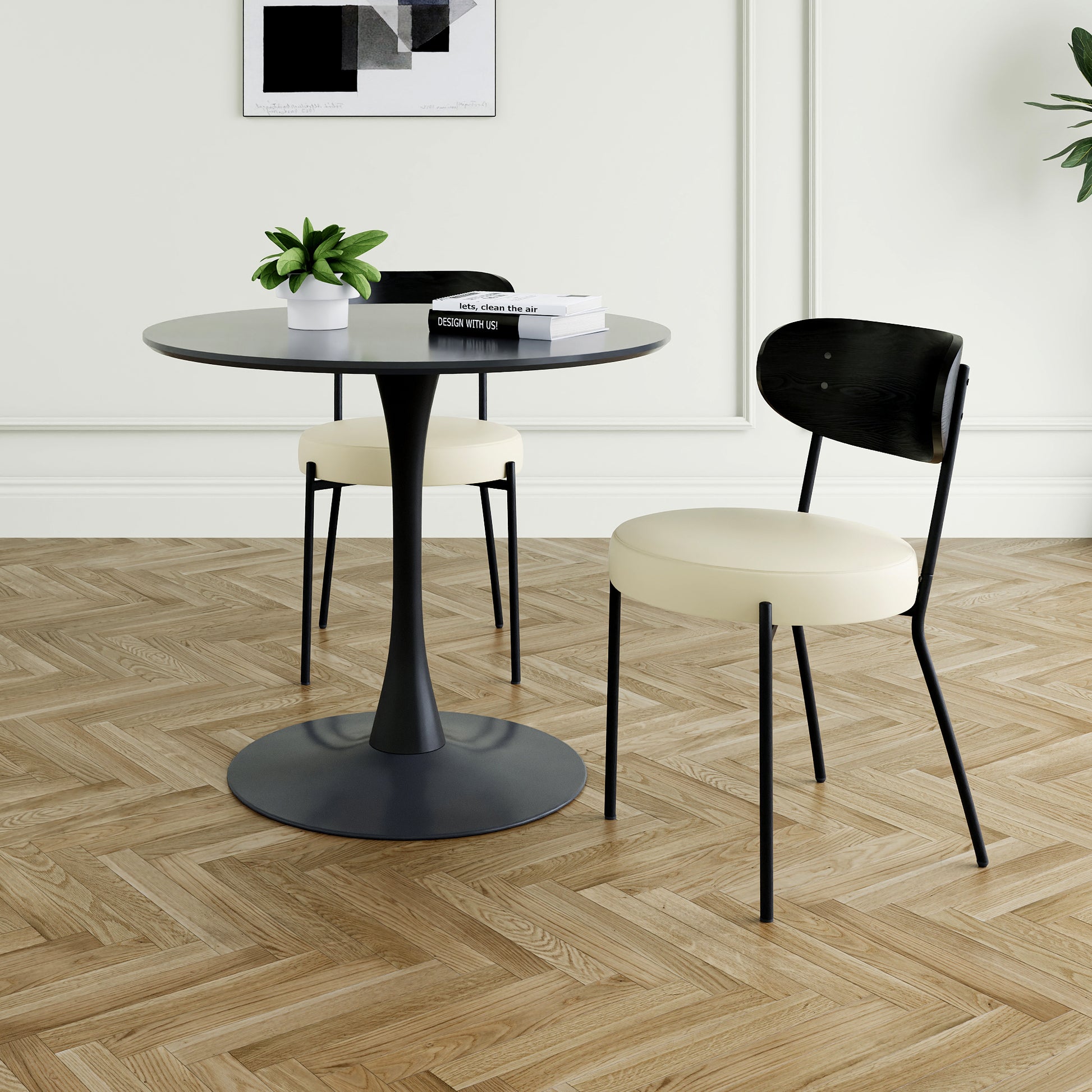 Modern Grey Simple Pu Dining Chair Upholstered Chair Family Bedroom Stool Back Dressing, Black Round Table Set, Bentwood Covered With Ash Veneer Chair Back, Chair Black Metal Legs Set Of 3 Black Mdf