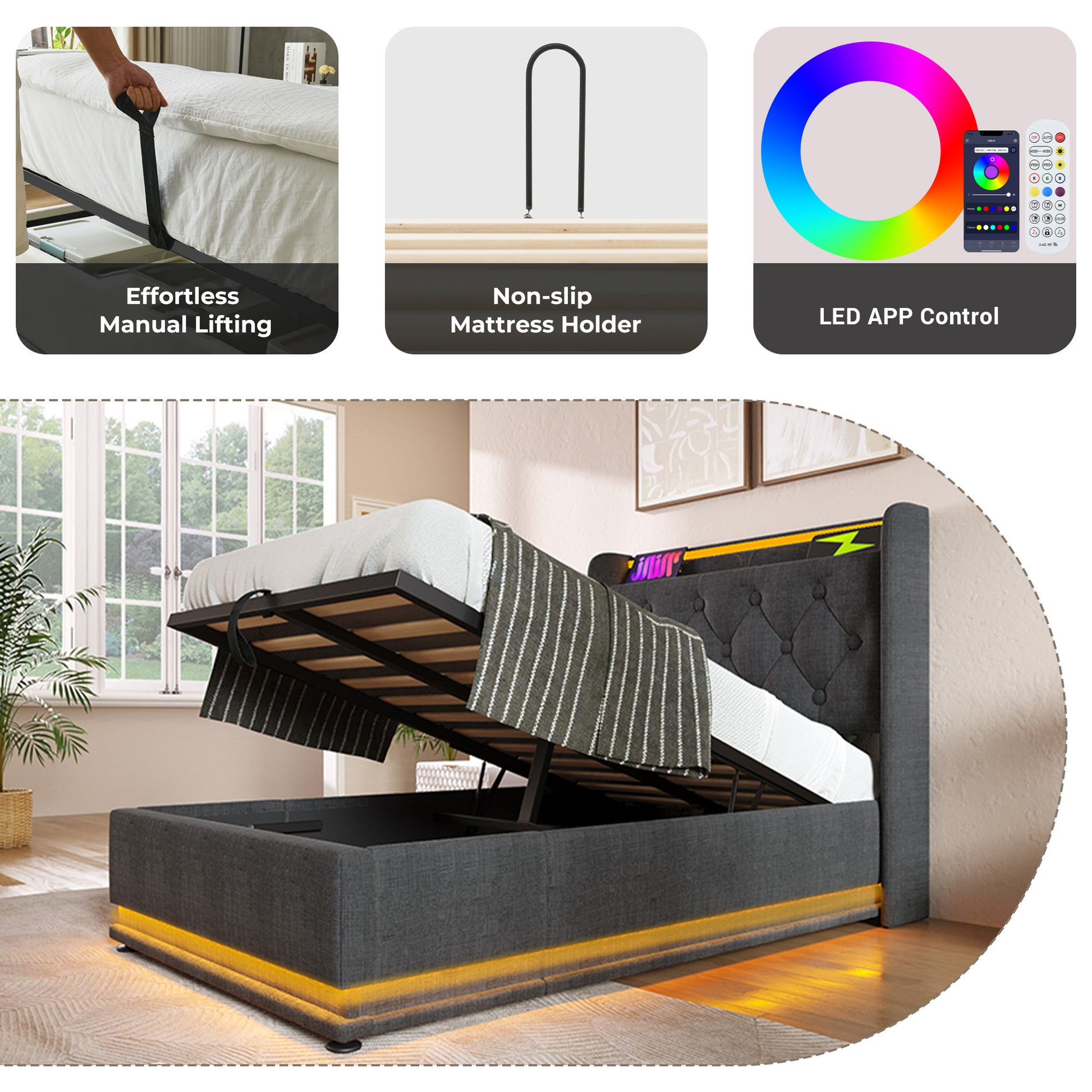 Twin Size Upholstered Bed, 360 Surround Led Function, Buttons Apps Remote Control, Hydraulic Storage Bed With Usb Type C Charging, Gray,Linen Without Mattress Twin Gray Linen