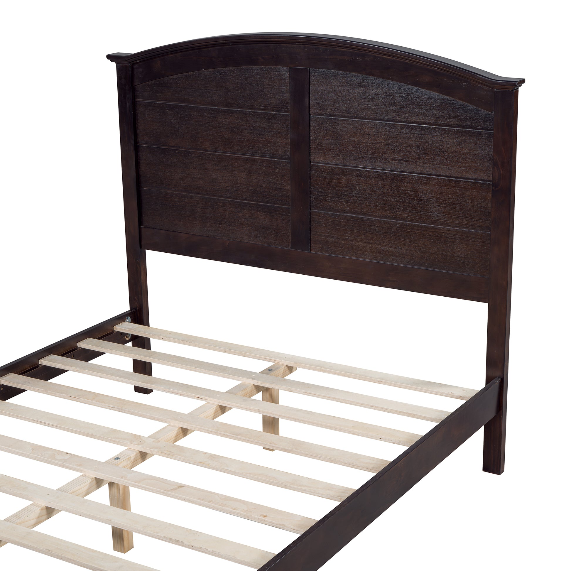 Farmhouse Wooden Platform Full Size Bed With Curl Design Headboard And Footboard For Teenager, Espresso Full Espresso Pine