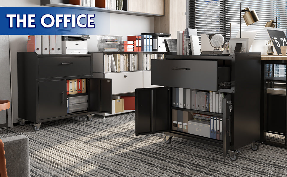 2 Door 1 Drawer Tool Cabinets For Garage, Lockable Garage Storage Cabinet, Locking Metal Storage Cabinet With Wheels, Rolling Tool Chest, Assembly Required H35.4*W30.3*D18 Black American