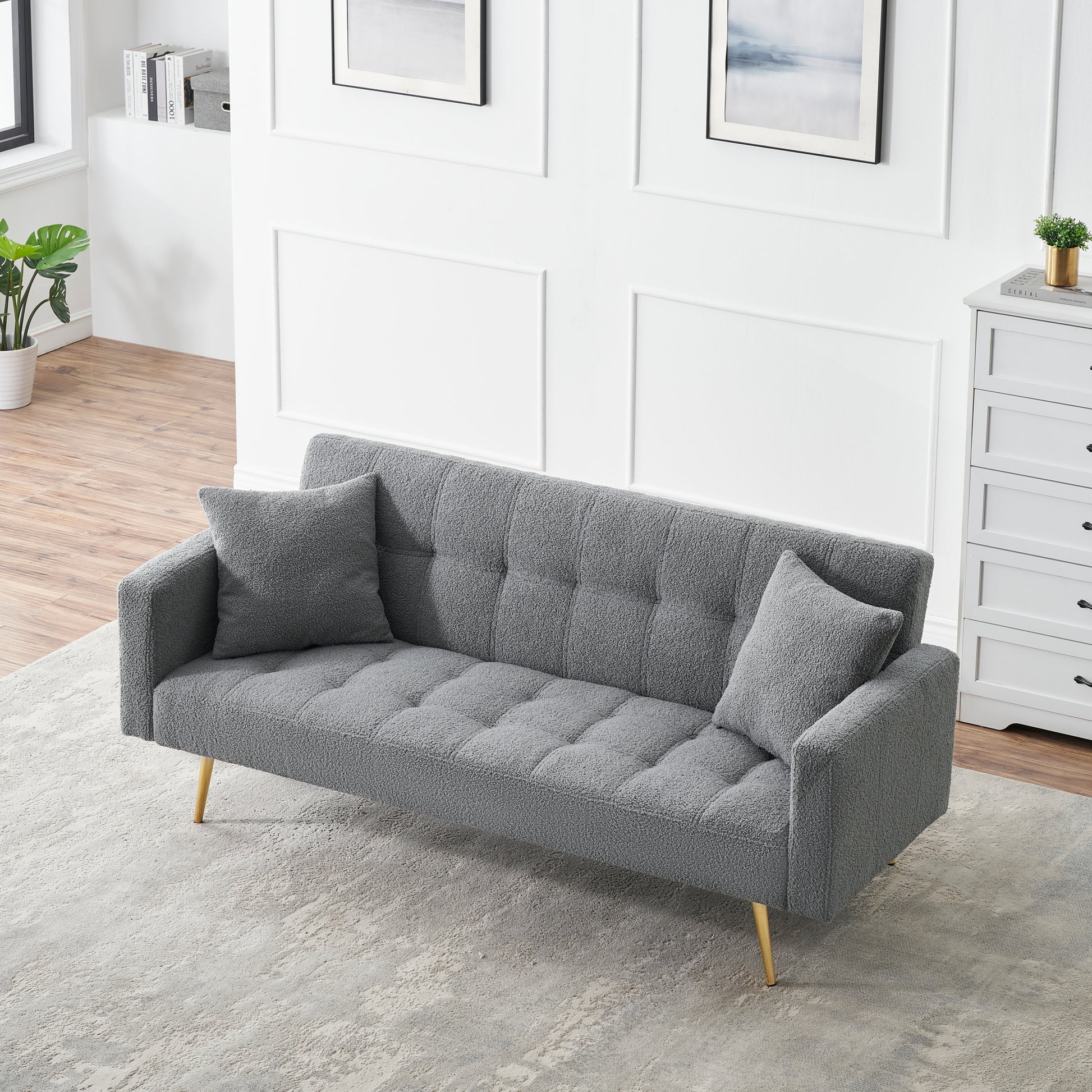 71.7 Inch Grey Teddy Fleece Sofa Bedbring Two Throw Pillows Grey Fabric 2 Seat