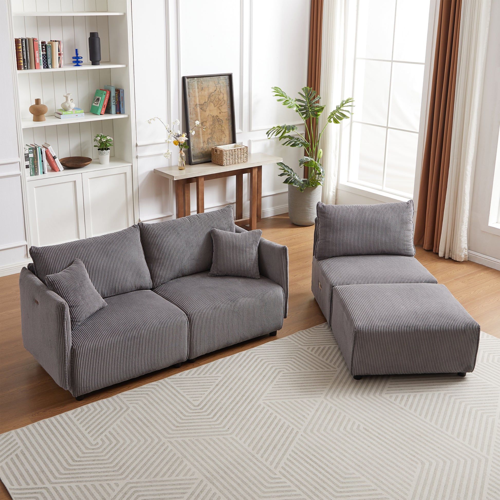 Multi Module Combination Style Sofa For Living Room, Bedroom And Other Lounge Spaces, Modern Minimalist Corduroy Combination Sofa With 2 Comfort Cushions With Usb & C Charging Ports,Gray,Two Sets Gray Foam Fabric 8 Seat