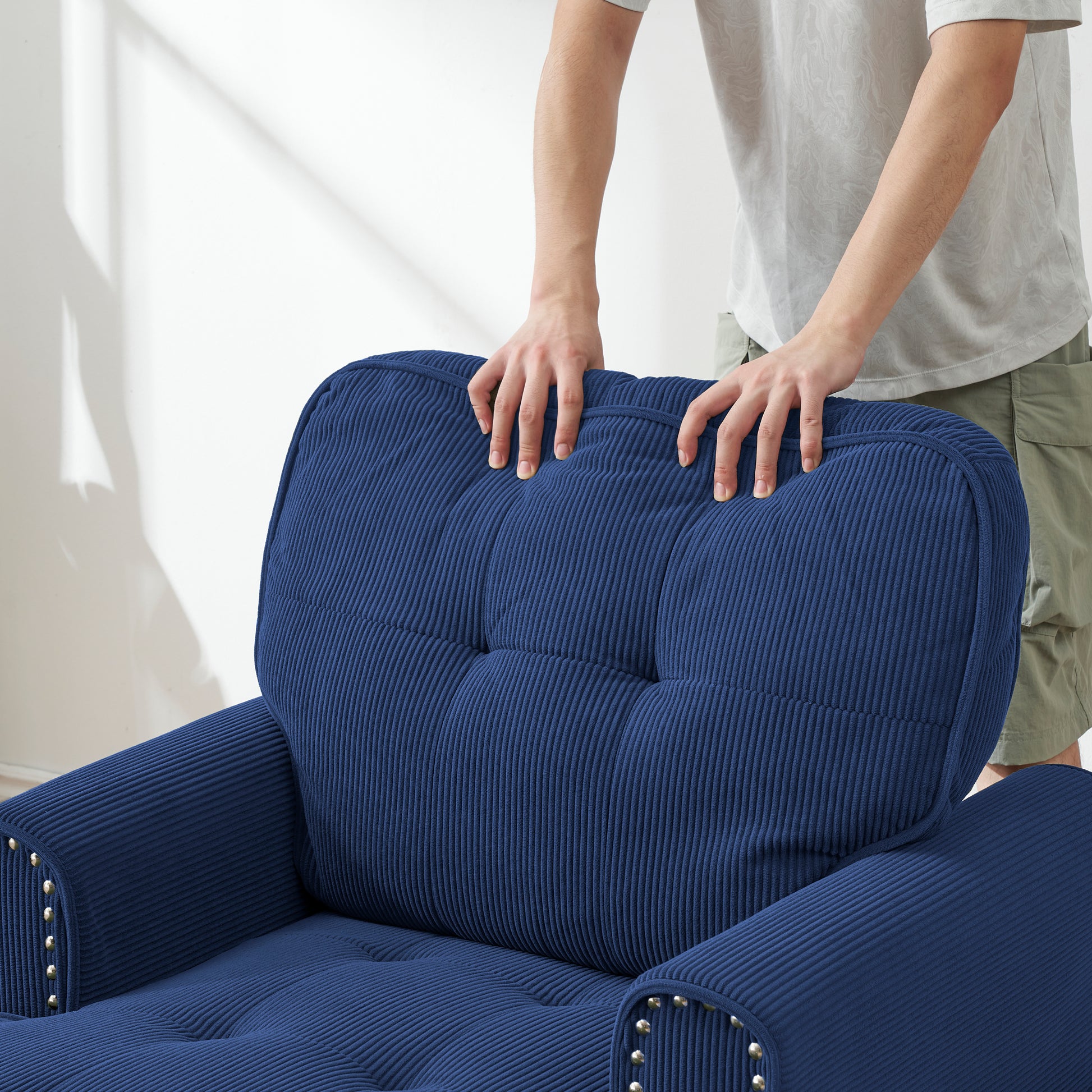 Chaise Lounge Indoor Sleeper Sofa Bed Chair Upholstered Lounge Chair For Bedroom Living Room With Rivets Blue Blue Corduroy
