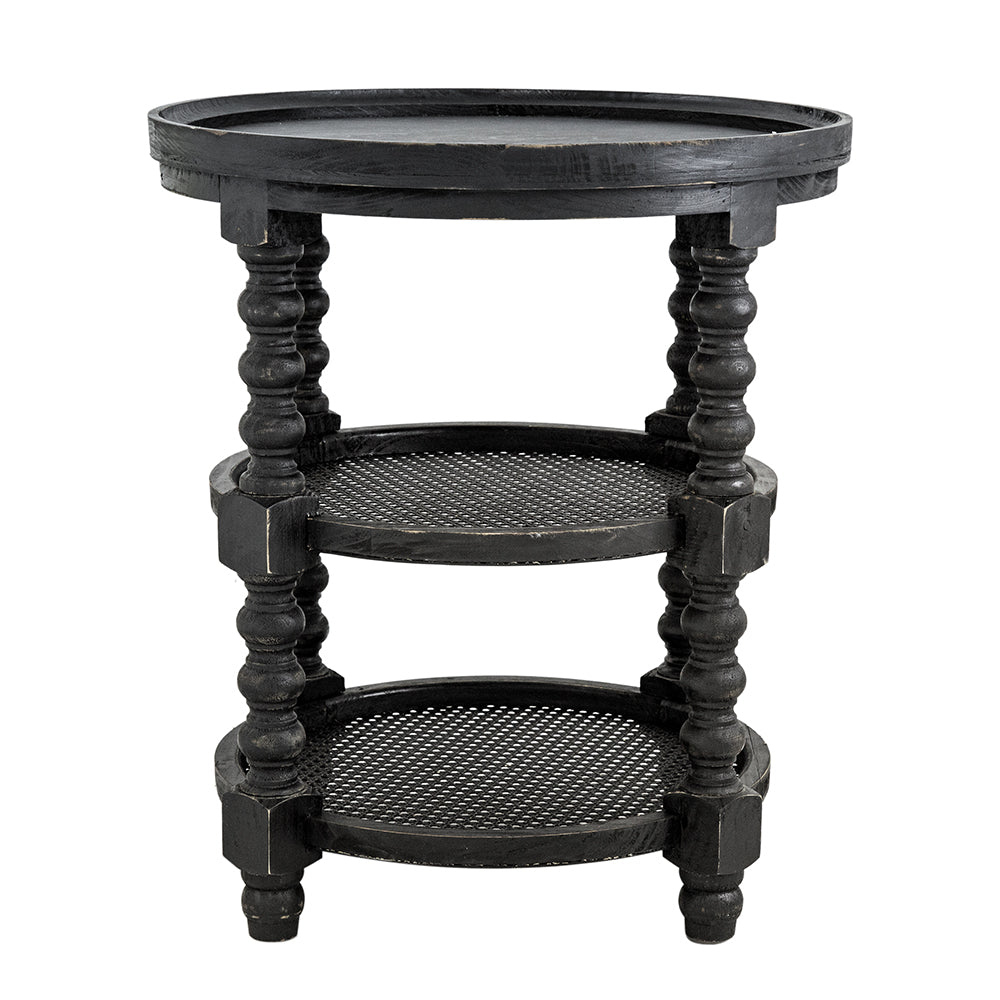 D23.5 X 25" Round Three Tiered Side Table With Rattan Shelf, Black Black Wood