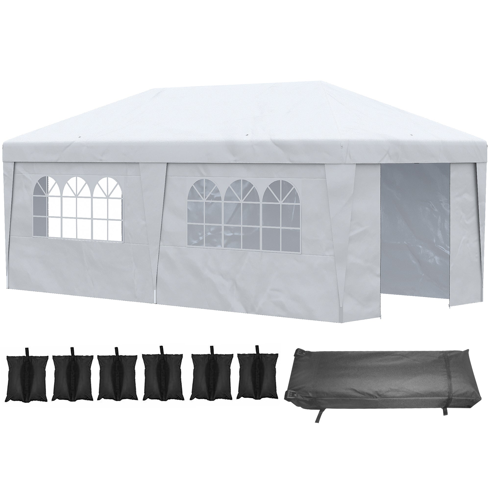 Outsunny 10' X 19.5' Pop Up Canopy Tent With Sidewalls, Height Adjustable Large Party Tent Event Shelter With Leg Weight Bags, Double Doors And Wheeled Carry Bag For Garden, Patio, White White Steel