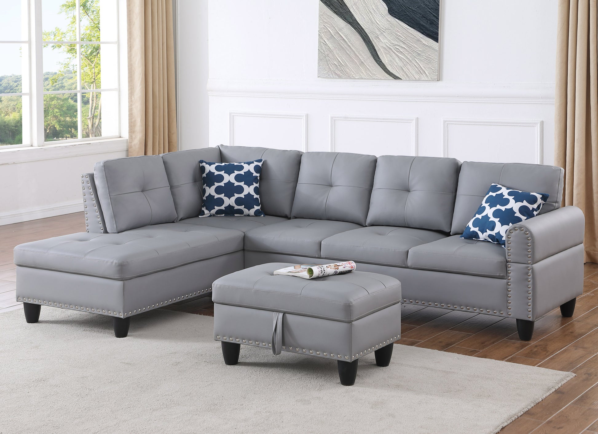 Irine Faux Leather Sectional Sofa With Ottoman Gray Faux Leather Medium Firm Cushion Back Contemporary Foam Faux Leather 3 Seat