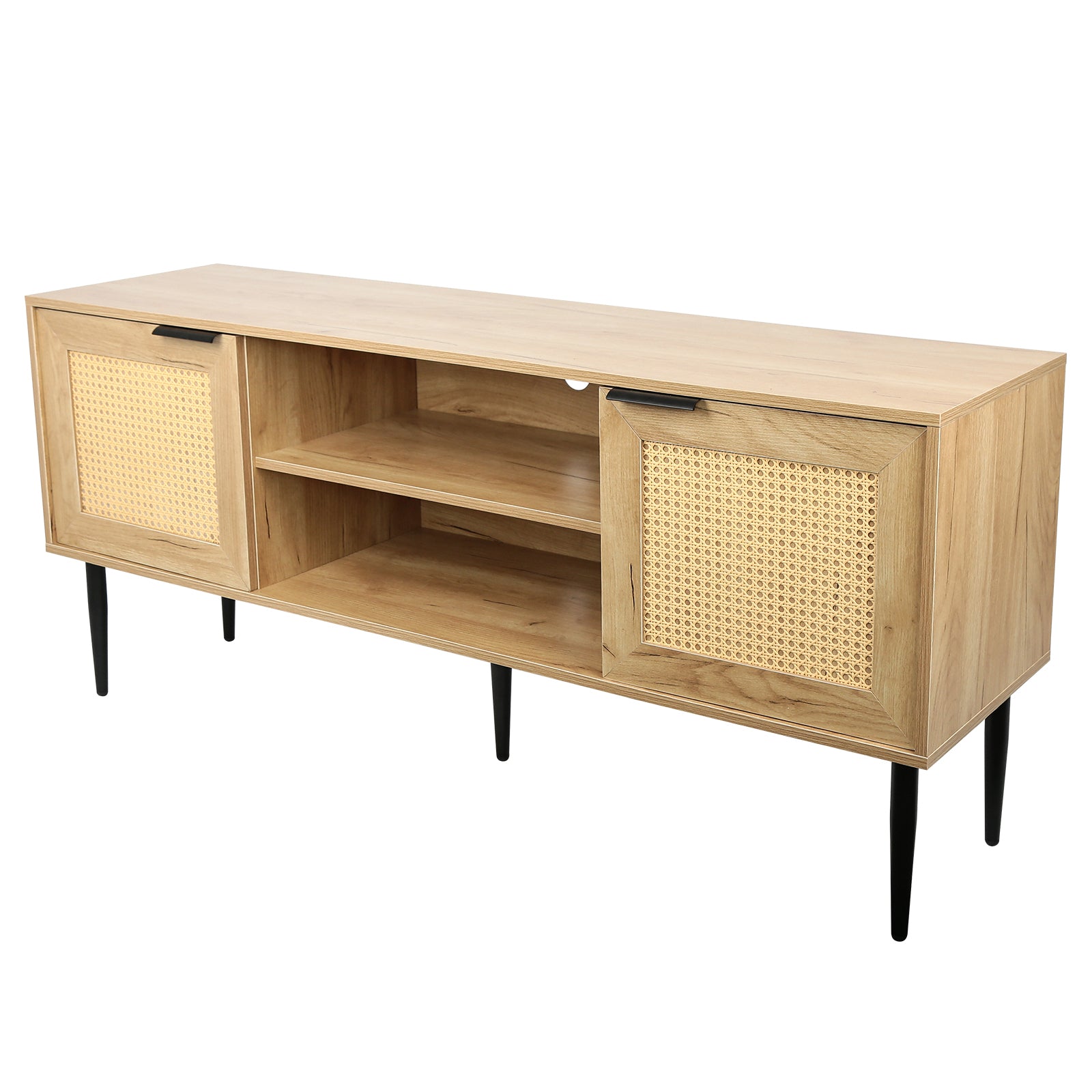 Wooden Tv Stand For Tvs Up To 65 Inches,With 2 Rattan Decorated Doors And 2 Open Shelves,Living Room Tv Console Table Wooden Entertainment Unit, Natural Color Natural Particle Board