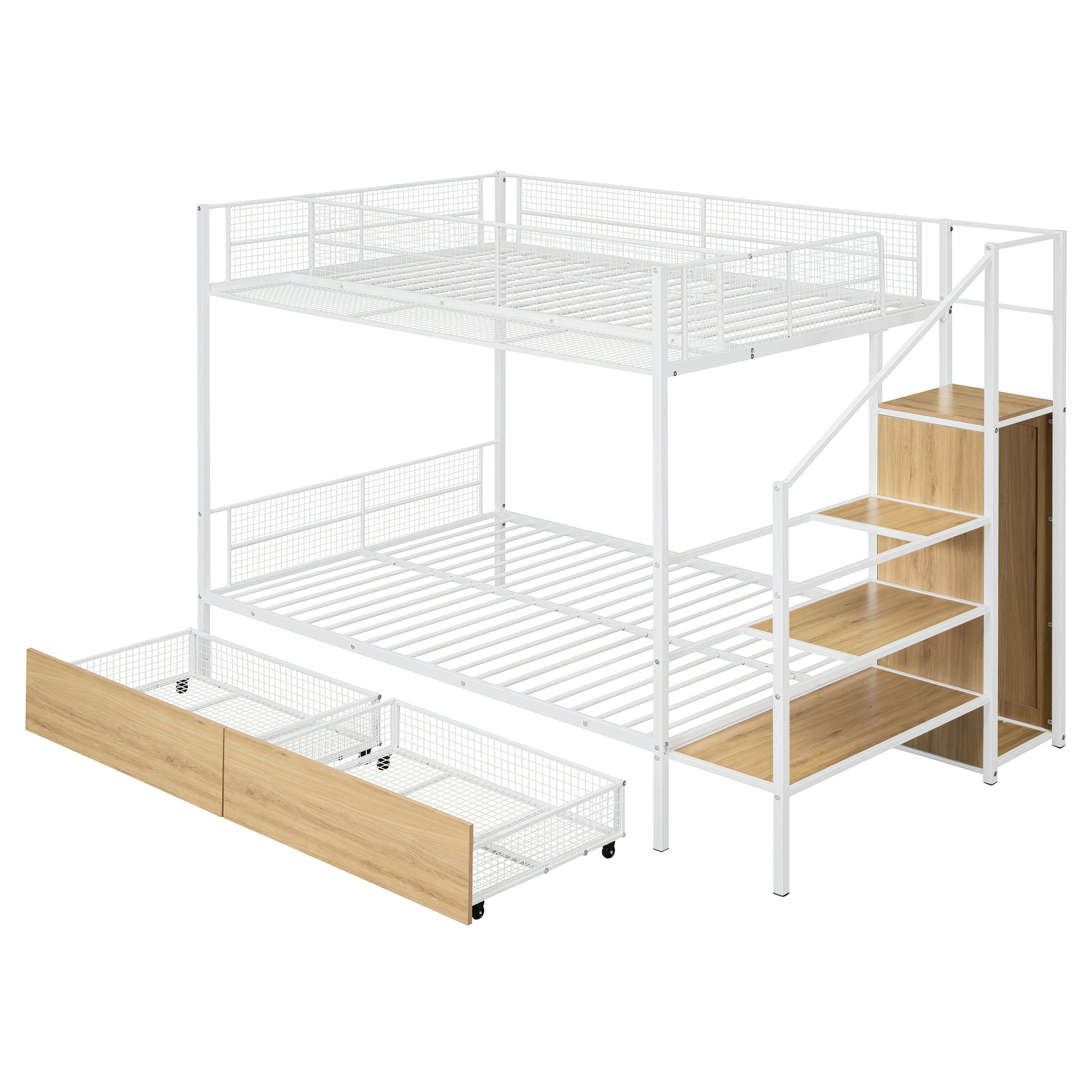 Twin Over Full Metal Bunk Bed With Drawer And Lateral Storage Ladder And Wardrobe, White White Metal