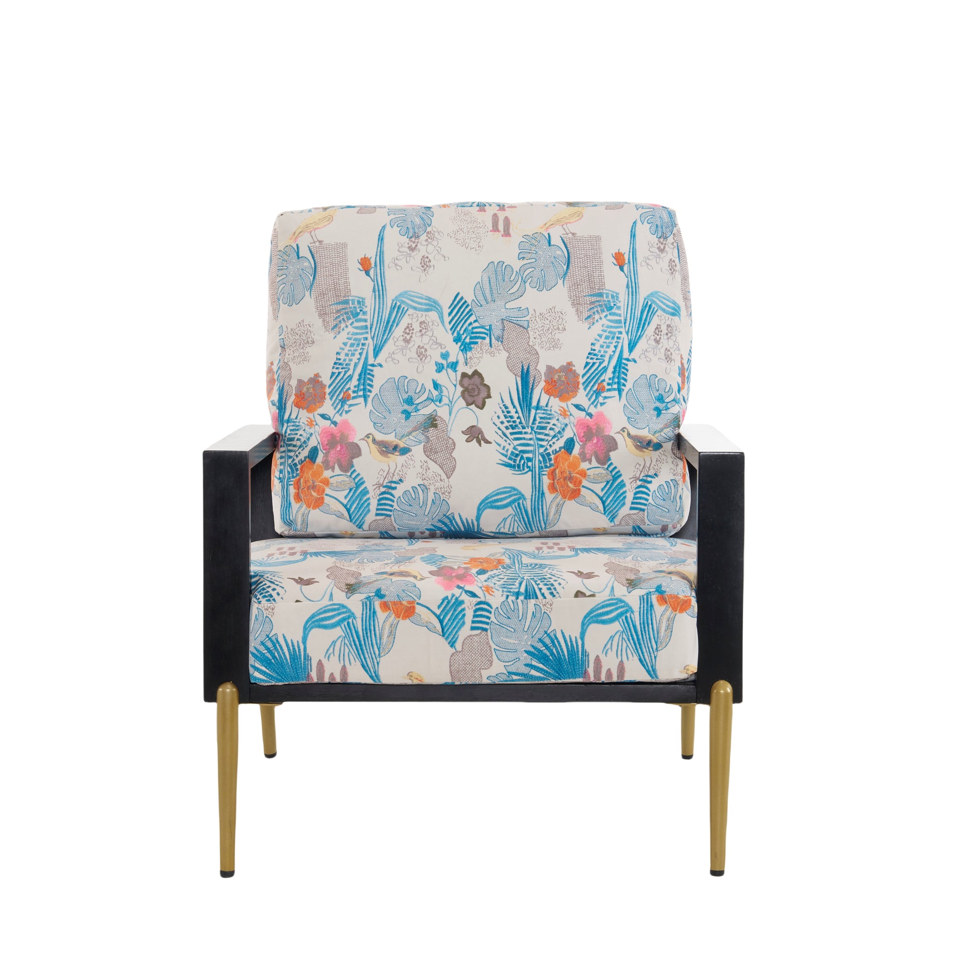 Retro Low Back Floral Print Velvet Accent Armchair With Gold Metal Legs & Rubberwood Frame, Wide Armrest Mid Century Lounge Chair With Pillow Back, Sofa Chair For Living Room & Balcony, Blue Floral