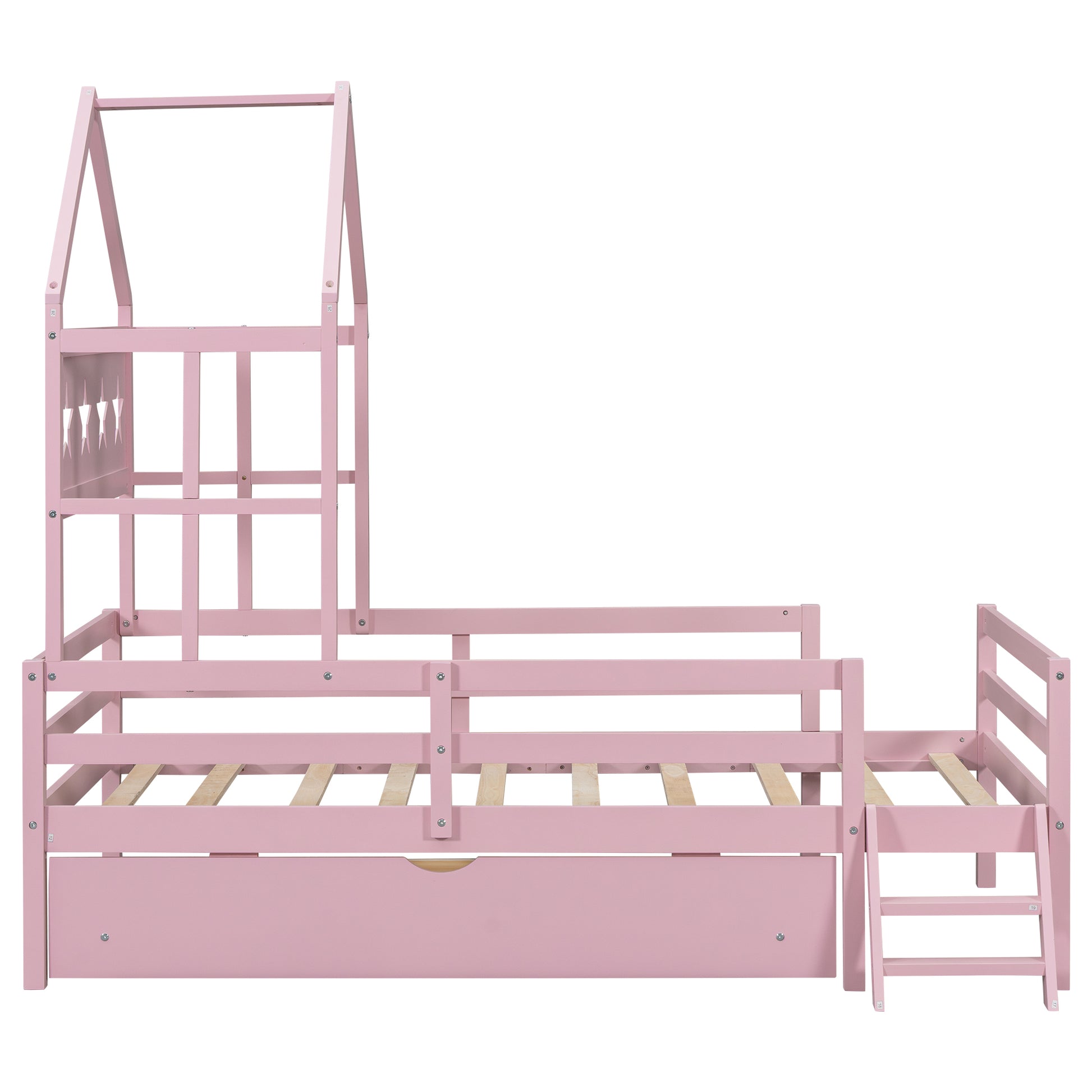 Wood Twin Size House Platform Bed With Guardrail And Drawer, Pink Box Spring Not Required Twin Pink Wood Bedroom Bed Frame Solid Wood Mdf