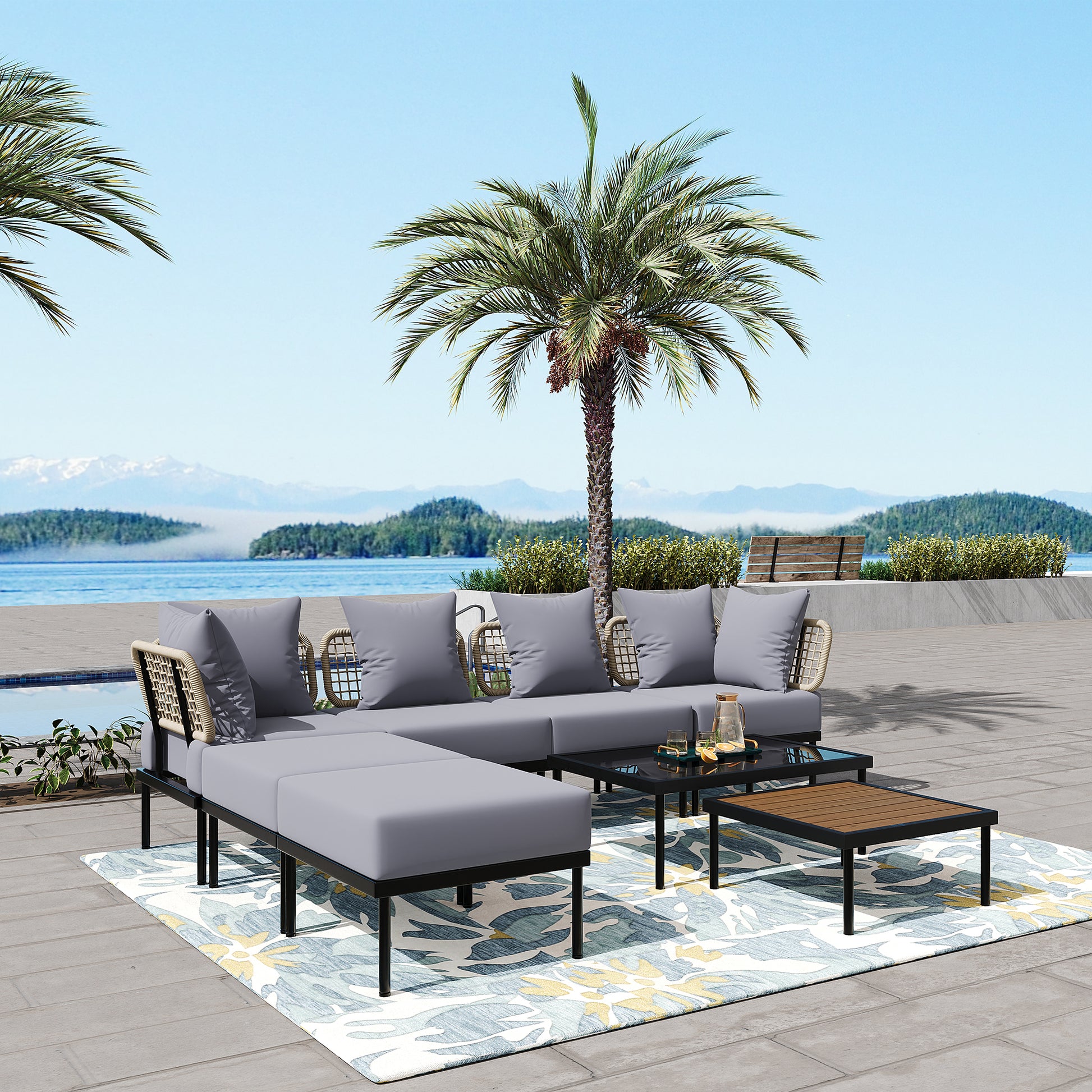 8 Piece Patio Sectional Sofa Set With Tempered Glass Coffee Table And Wooden Coffee Table For Outdoor Oasis, Garden, Patio And Poolside Light Grey Cushion Black Steel Light Grey Iron