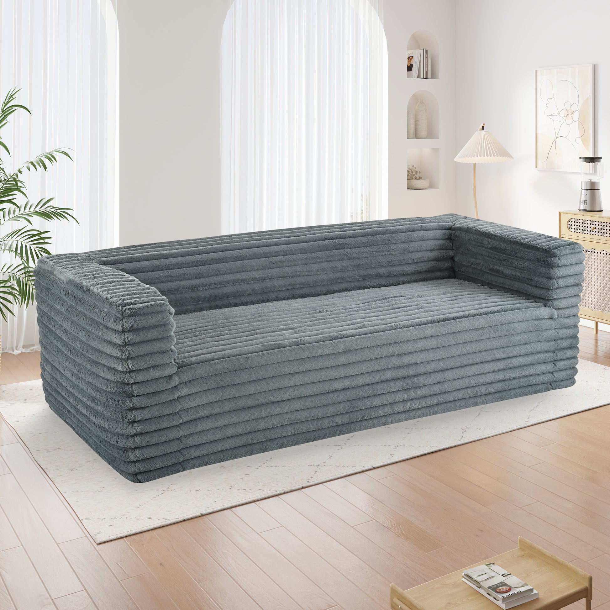 89" Modern Corduroy Couch, 3 Seats Plush Sofa With Squared Arm,Luxury Comfy Seat Super Soft Couches For Living Room,Small Space,Office,Apartment,No Assembly Required Grey Fabric 3 Seat