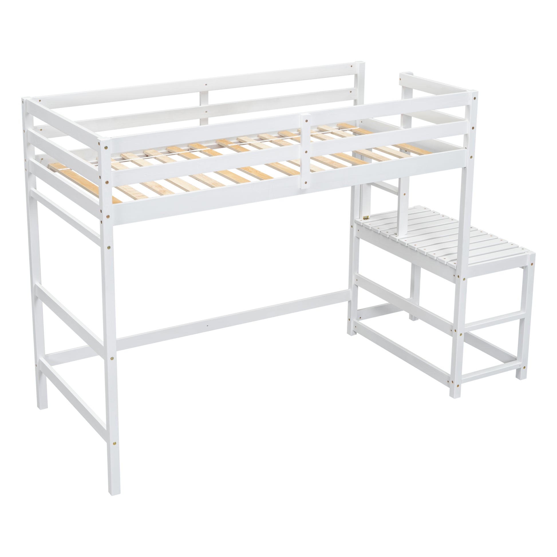 Twin Size High Loft Bed With Ladder Landing Platform, Ladders, Guardrails,White Twin White Wood Bedroom American Design Pine Bed Frame Pine