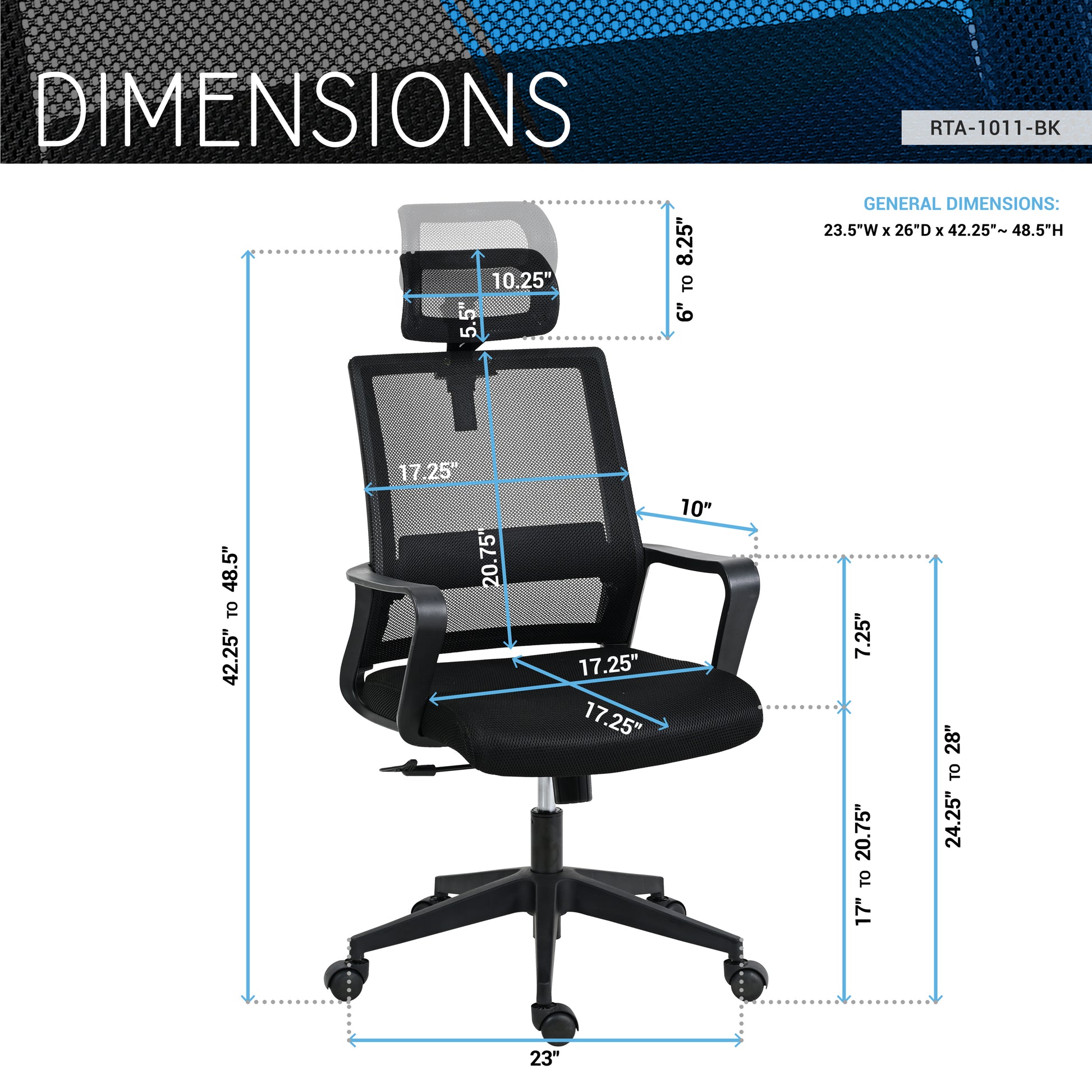 Techni Mobili Ergonomic Office Chair With Lumbar Support And Adjustable Headrest Black Office Spot Clean Modern Office Chairs Adjustable Height Fabric Plastic