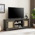 Farmhouse Rattan Tv Stand Console Table For Tvs Up To 70 Inches, Tv Console Table With 2 Storage Shelves, 2 Natural Rattan Door Cabinets, 65