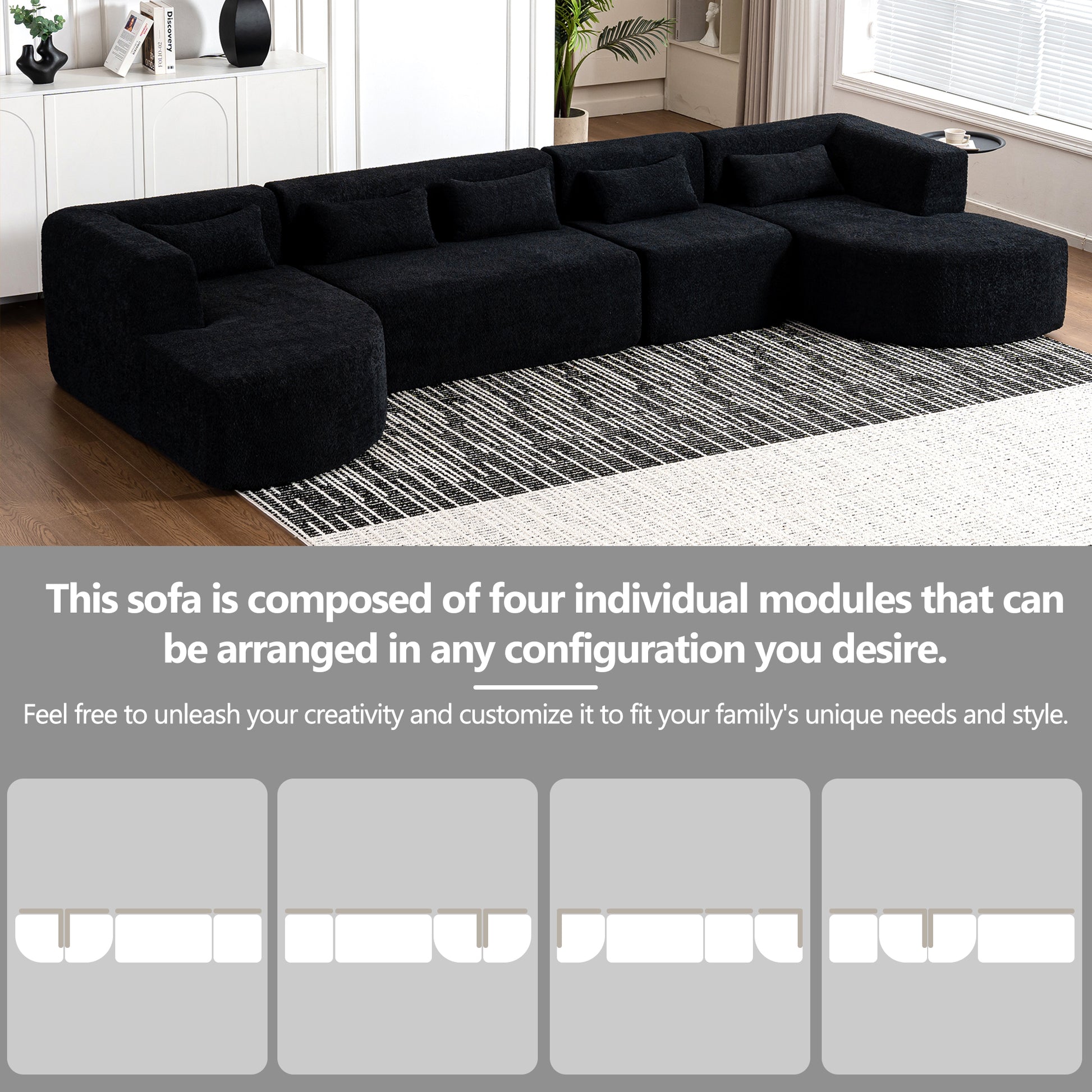 143.7" Upholstered Sofa Free Combined Sofa Couch With Two Chaise Lounge And Five Back Pillows For Living Room, Black Black Foam Polyester 5 Seat