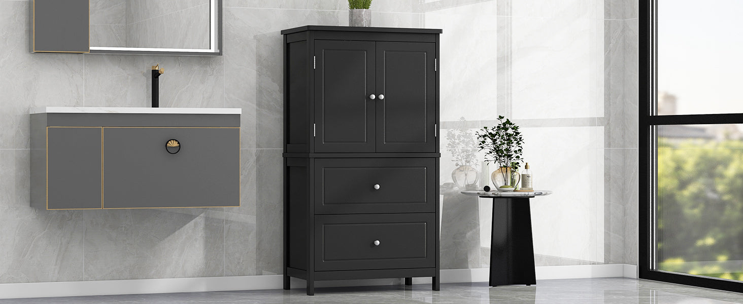 Bathroom Storage Cabinet, Cabinet With Two Doors And Drawers, Adjustable Shelf, Mdf Board, Black Black Mdf