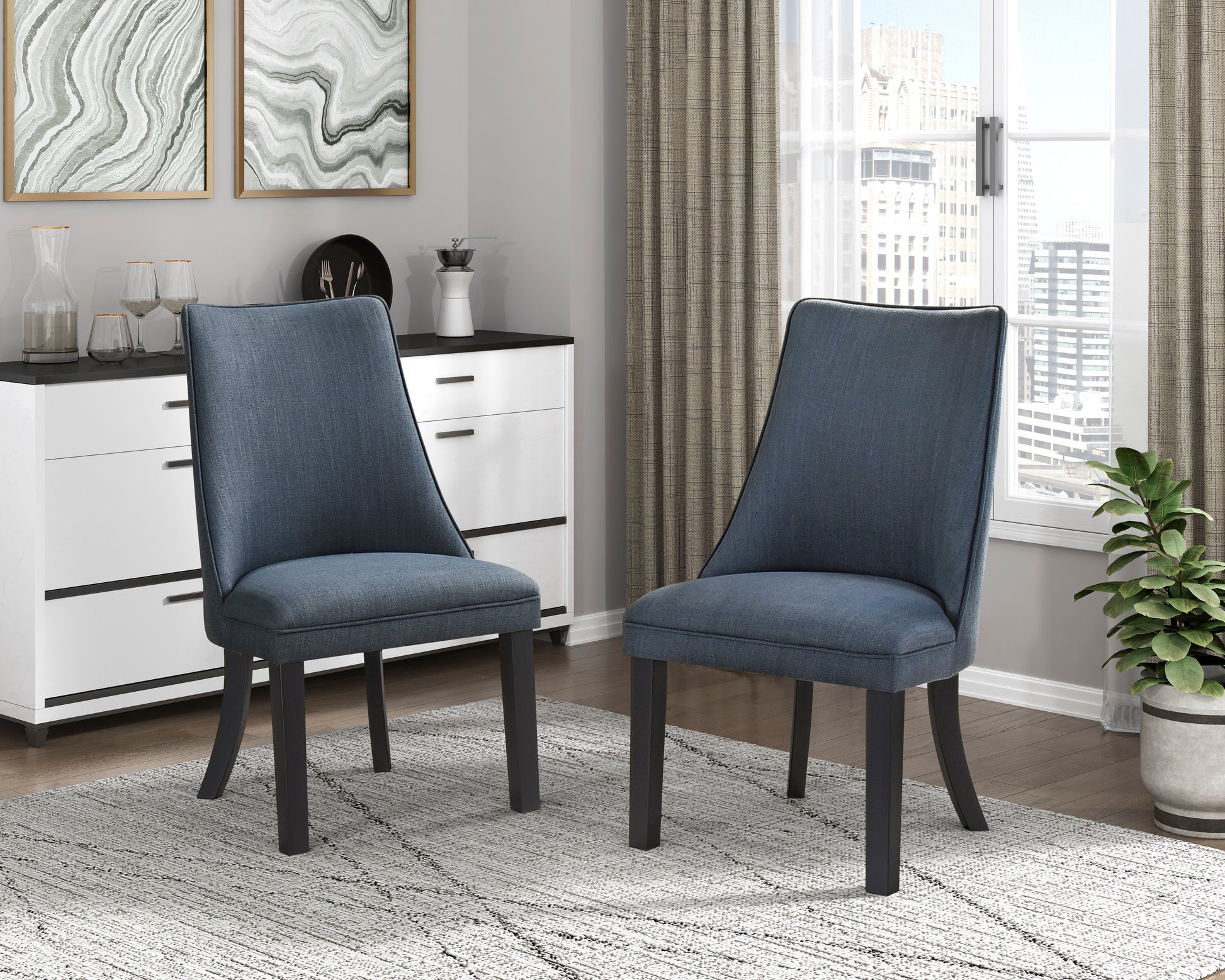 Blue Textured Fabric Upholstered Side Chairs Set Of 2, Dark Walnut Finish Wooden Legs Modern Dining Kitchen Furniture Blue Gray Dining Room Modern Side Chair Wood