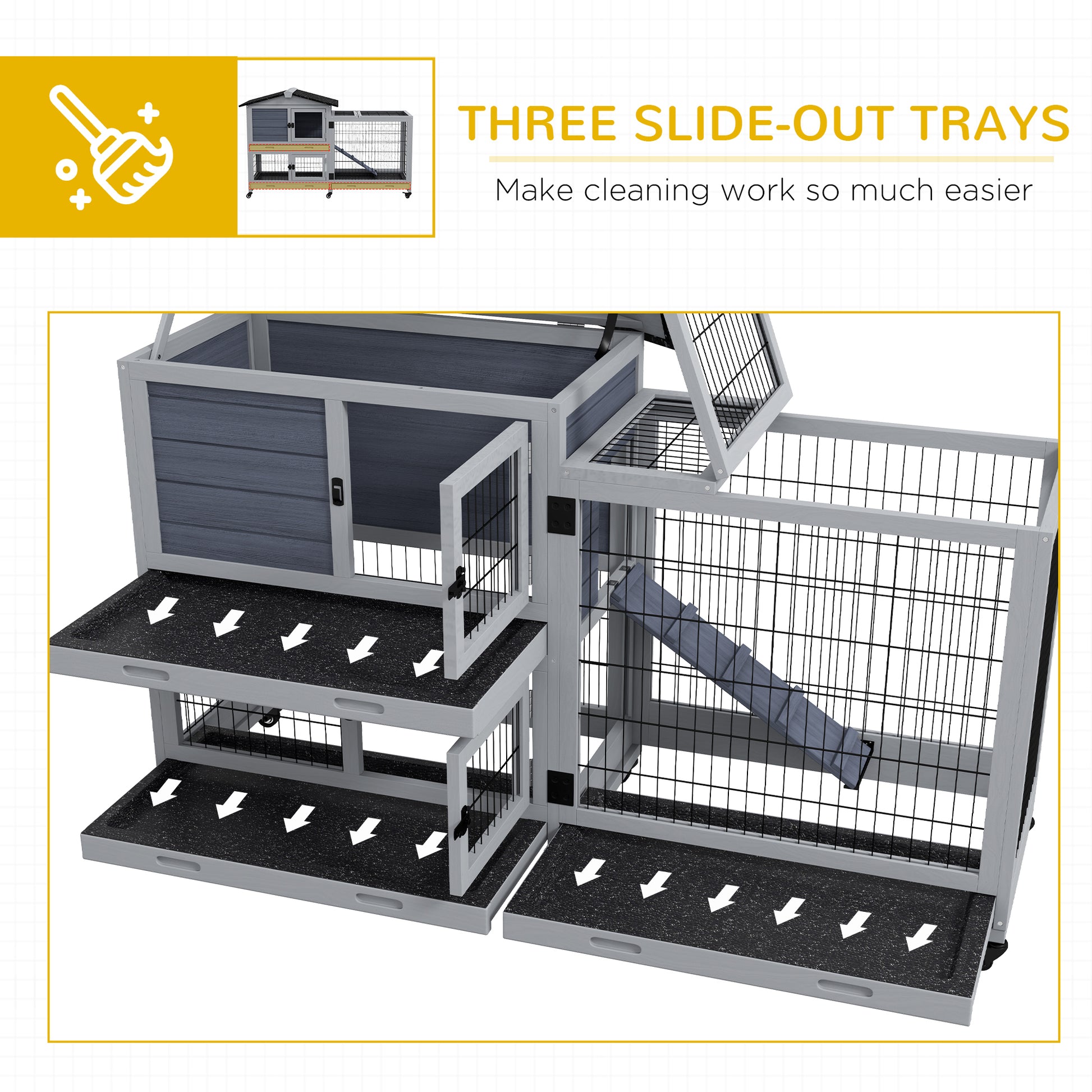 Pawhut Rabbit Hutch 2 Story Bunny Cage Small Animal House With Slide Out Tray, Wheels, For Indoor Outdoor, 59.8" X 20.9" X 39.2", Gray Grey Wood