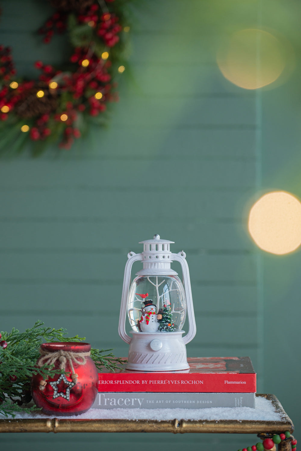 4.7X4.7X8.3"H Christmas Plastic Resin White Lantern With Snowman & Tree Led Water Spinning 6 Hours Timer, 3*Aa Batteries Required White Multi Plastic