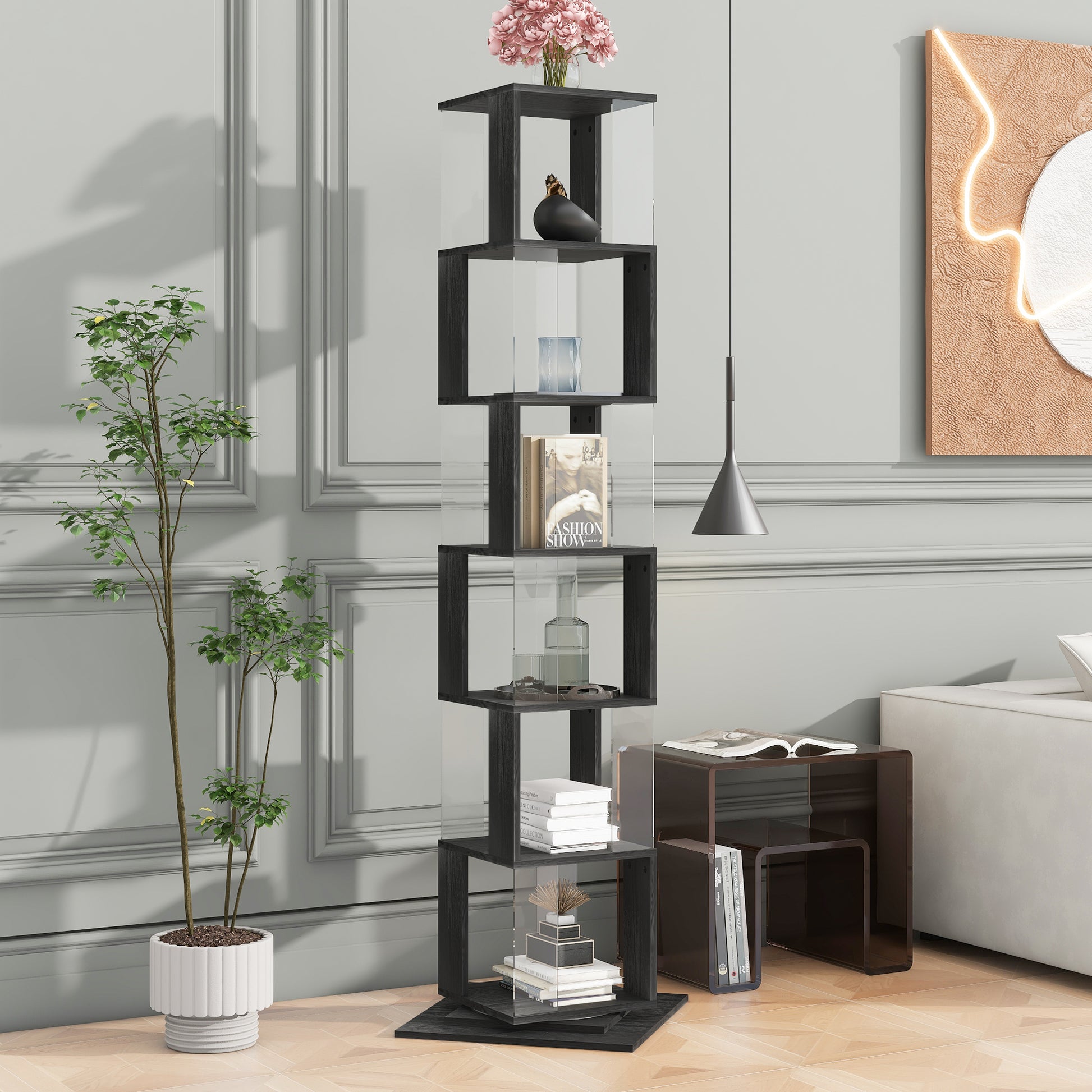 6 Tier Rotating Bookshelf, Floor Rack Simple Bookcase With Acrylic Plate Student Multi Function Creative Bookshelf For Living Room With Anti Toppling Base Black Particle Board