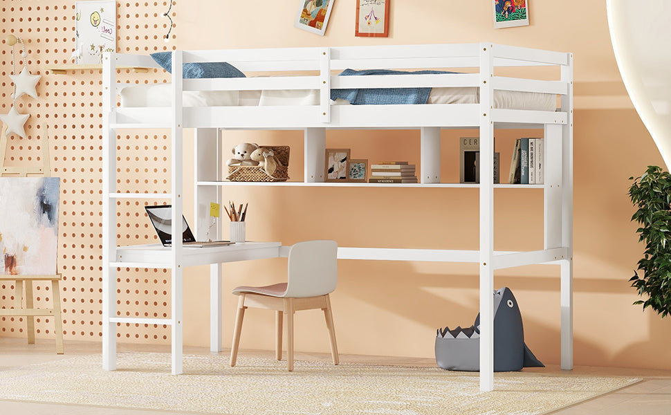 Twin Loft Bed With Built In Desk And Bookcase Of Three Compartments, Guardrails And Ladder,White Twin White Pine